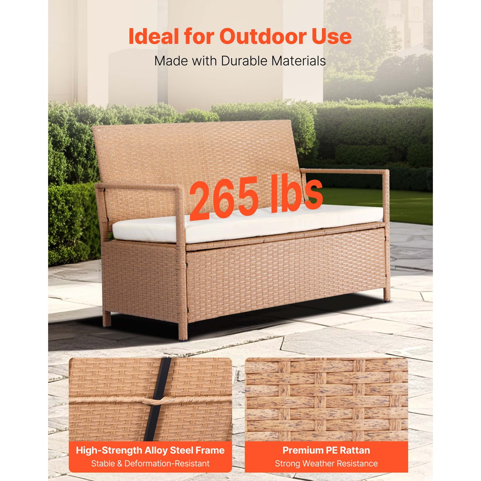 Outdoor Storage Bench PE Rattan 70Gal Deck Box Waterproof Outdoor Seat & Storage