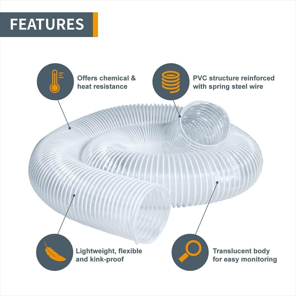 POWERTEC Dust Collection Hose Kit 6" x 10 Ft Left Spiral Hose 5x6" Hose Clamps