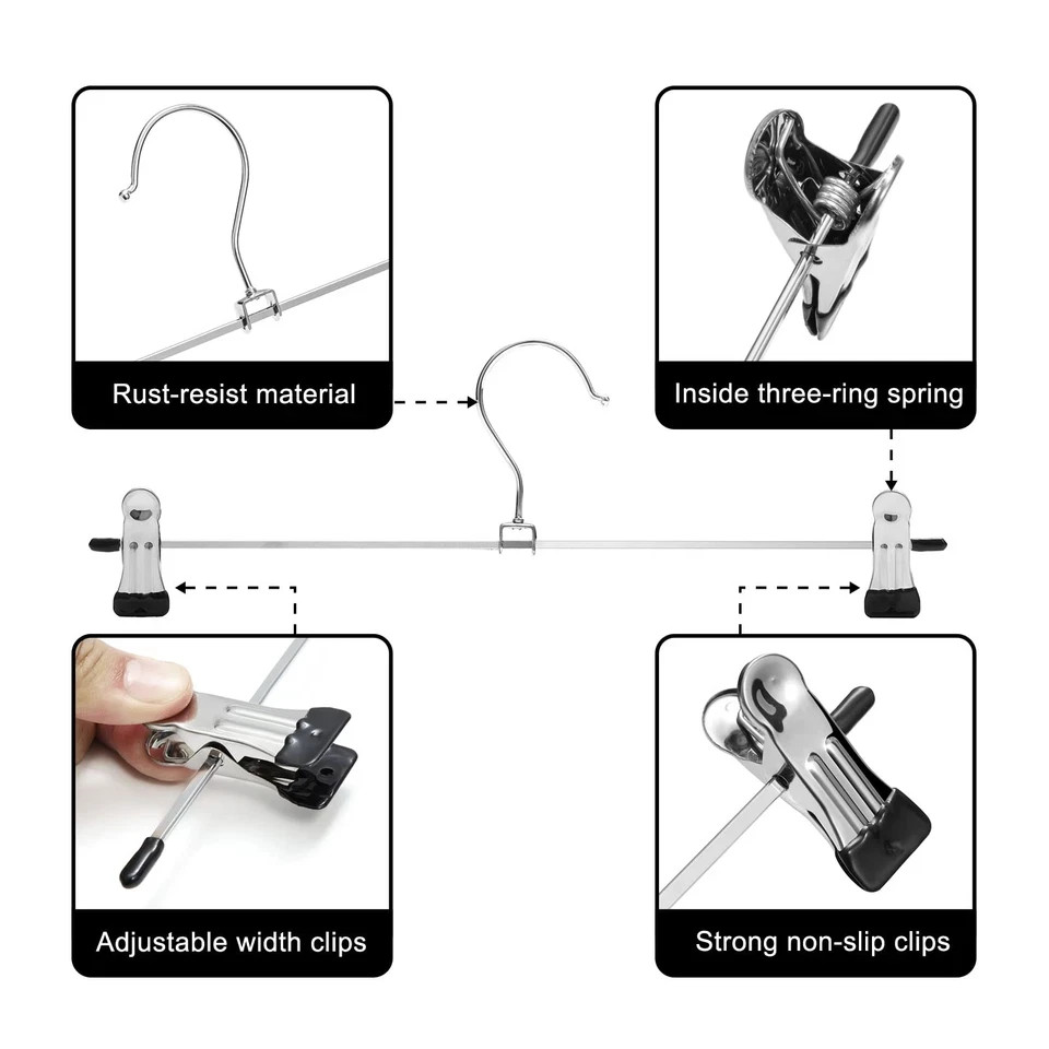 Pants Hangers with Clips Heavy Duty 10 Pack Adjustable Metal Pants Hanger Skirt