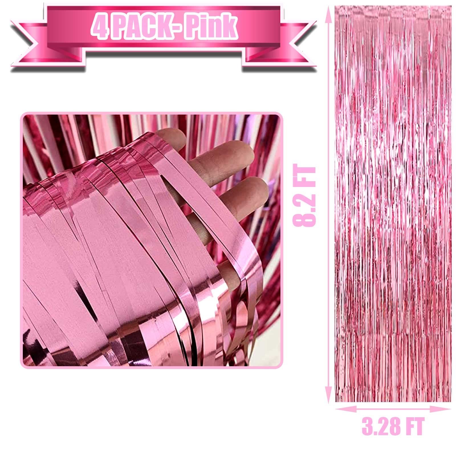 4 Pack Pink Foil Fringe Curtain Backdrop 3.28x8.2 Ft Metallic Tinsel Streamer
