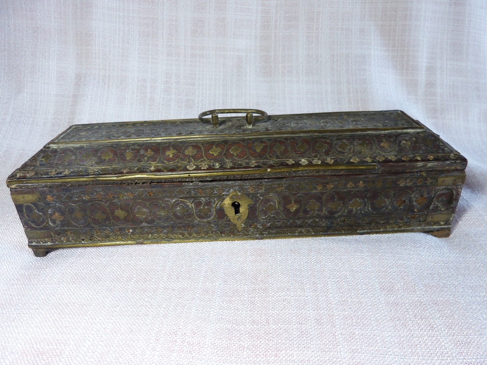 Boxset Antique Box Glove Antique Wooden 19 Century XIX ° Inlay Brass