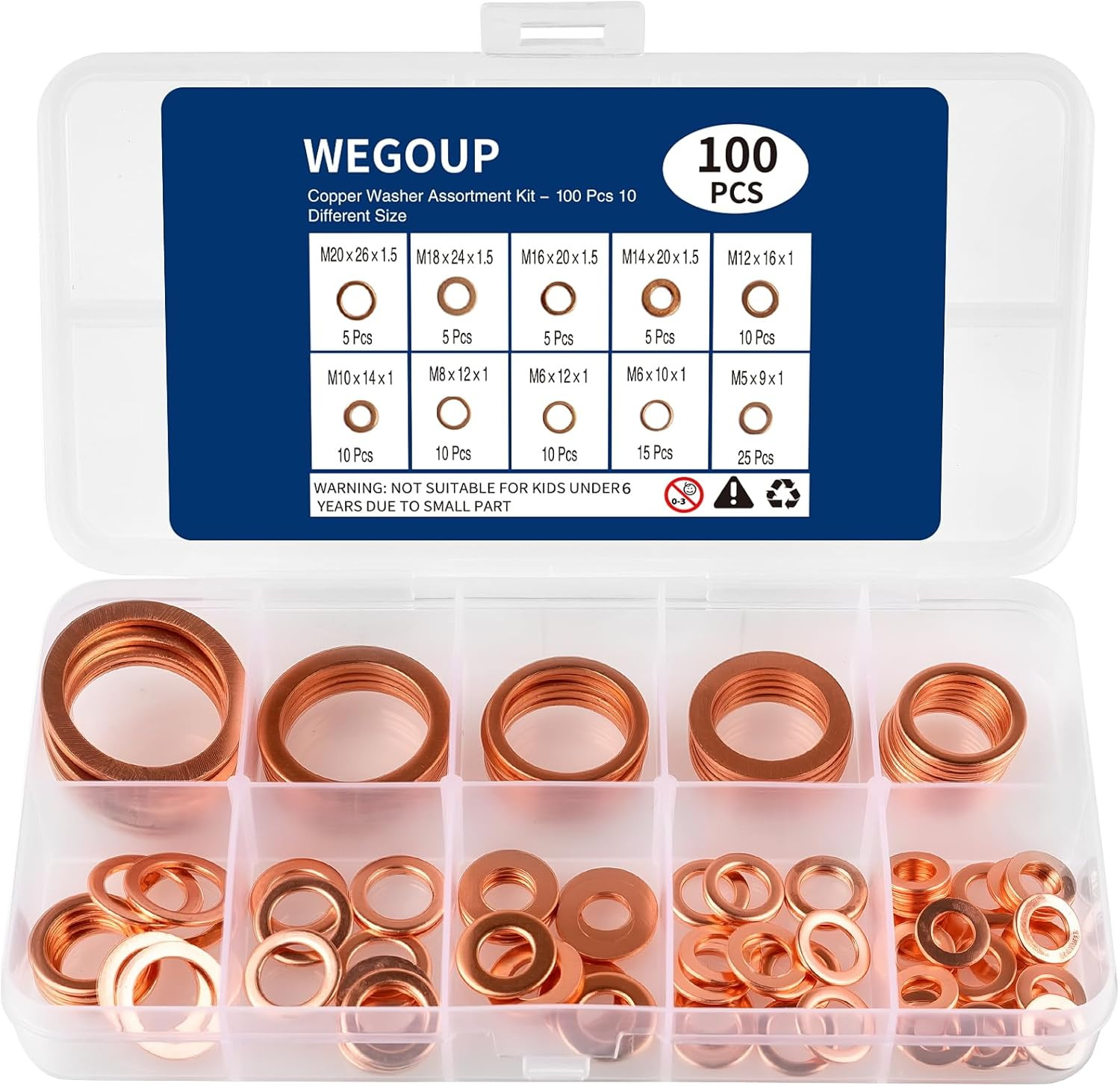 Oil Drain Plug Washer, 100 PCS Copper Crush Gasket Assortment Kit – 10 Different