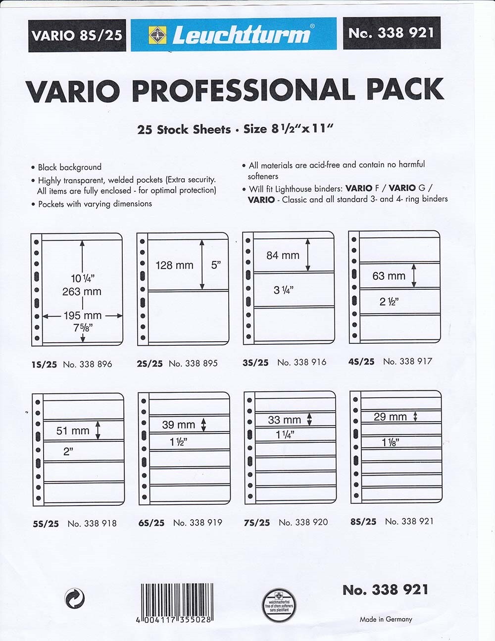 Lighthouse Vario 8S Stock Stamp Pages 8 Rows Professional 25 Black NEW Sheets