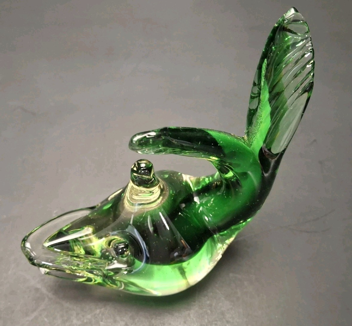 Vintage Green Glass Fish Sculpture Murano Paperweight Made in Italy Sunken Eyes