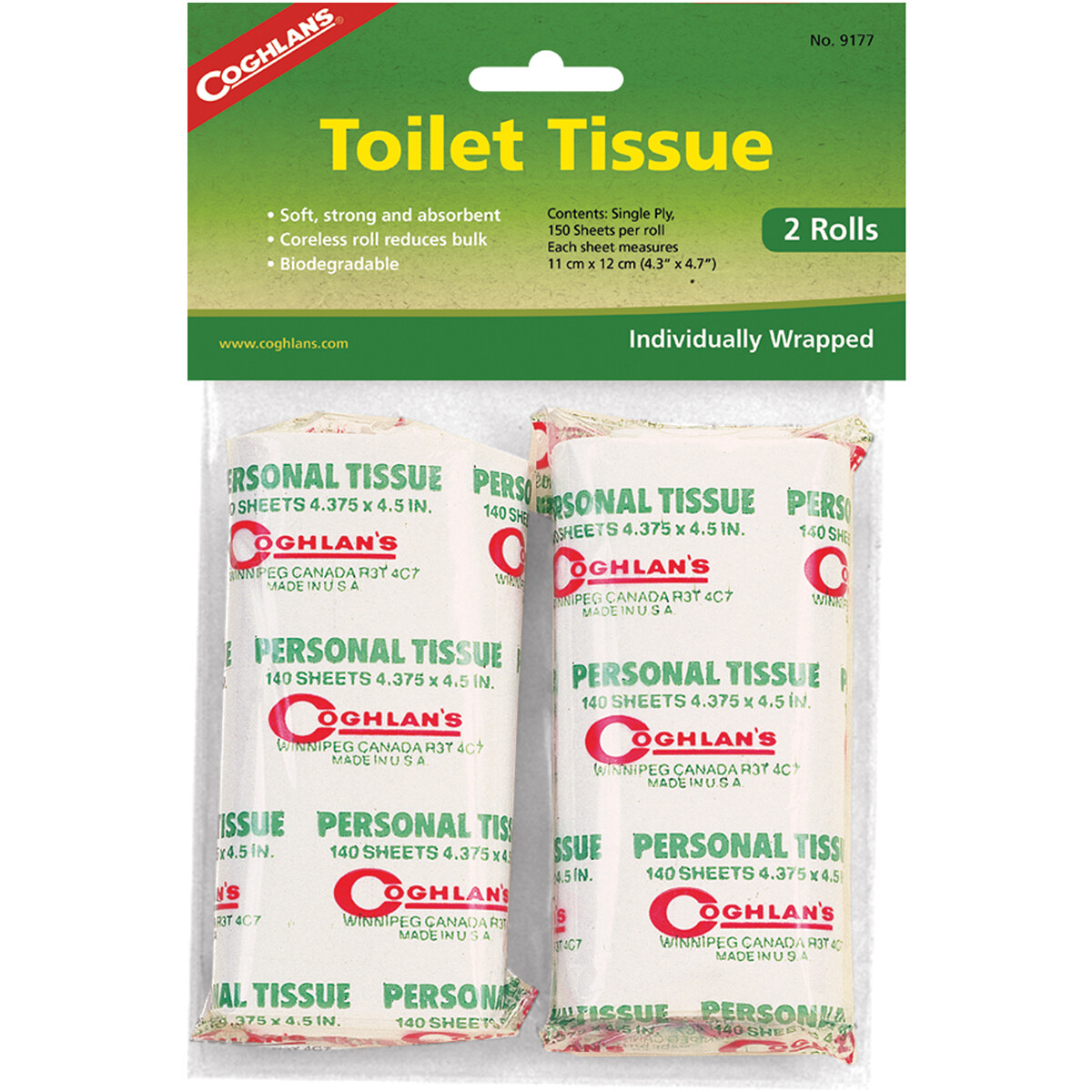 Coghlan's Toilet Tissue (2 Rolls), Coreless Biodegradable Paper, Camping TP