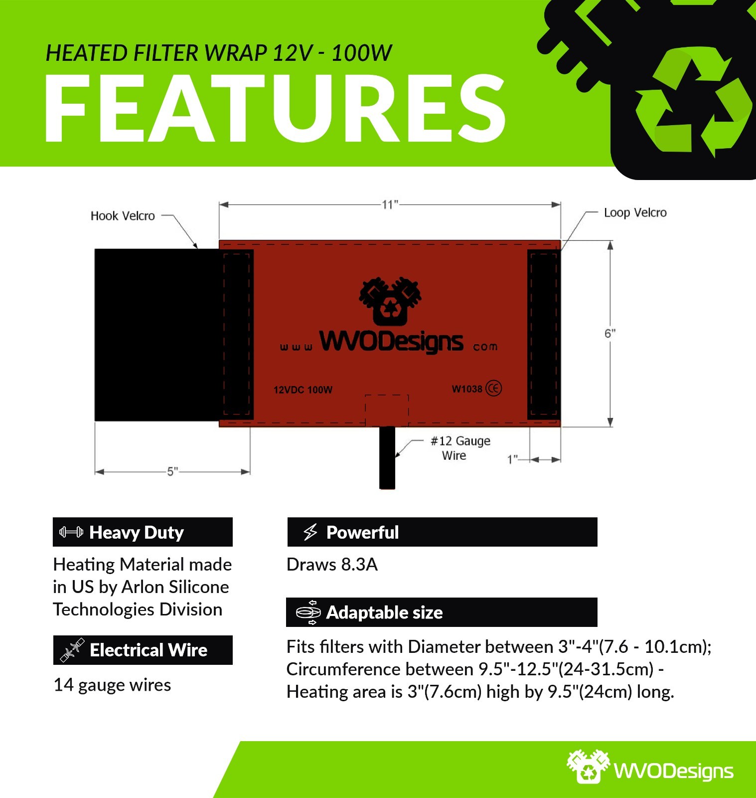 Fuel Filter Heater Wrap 100W 12V - Small