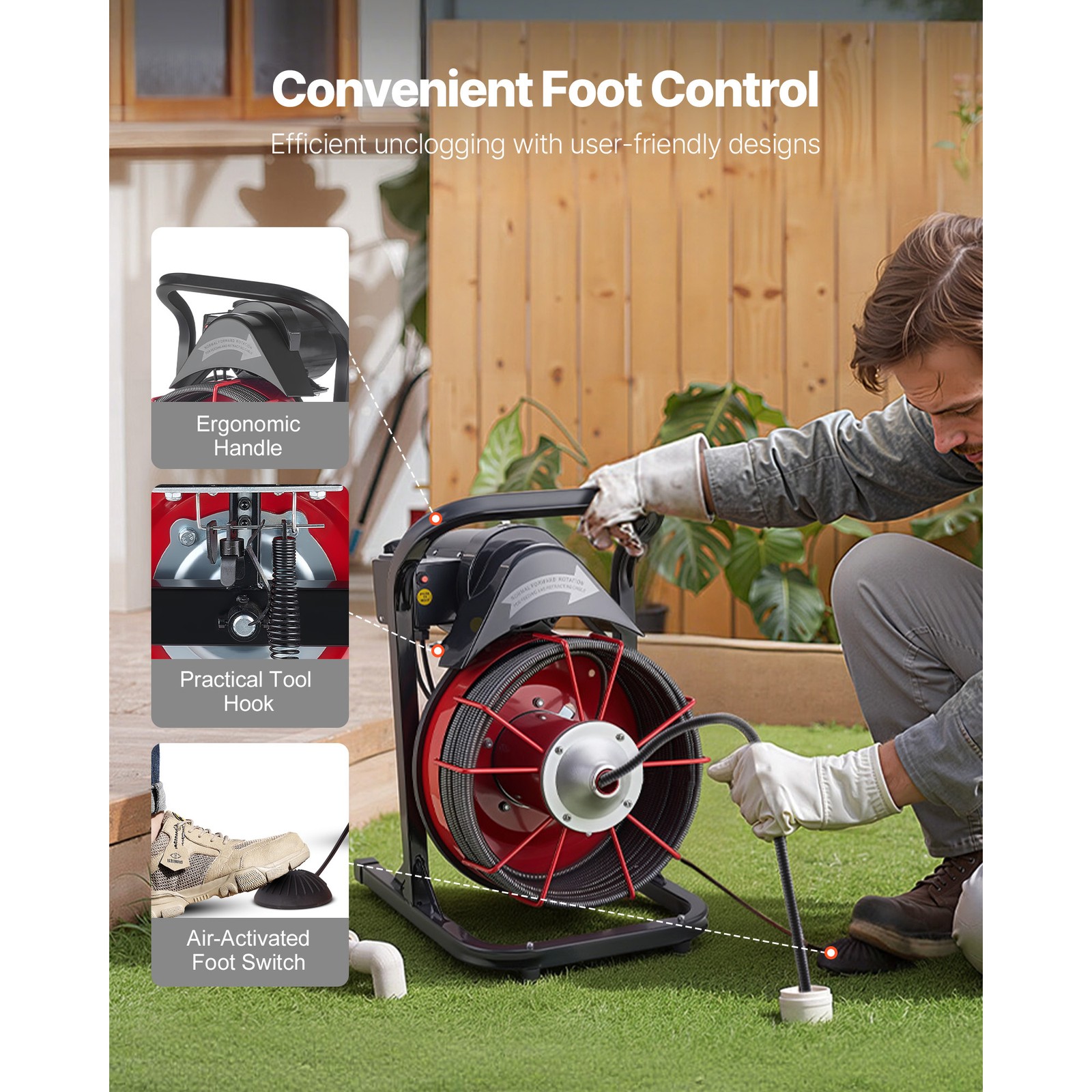 Uimoso Drain Cleaning Machine with 75FT x 1/2 In Cable and 4 Cutter Attachments