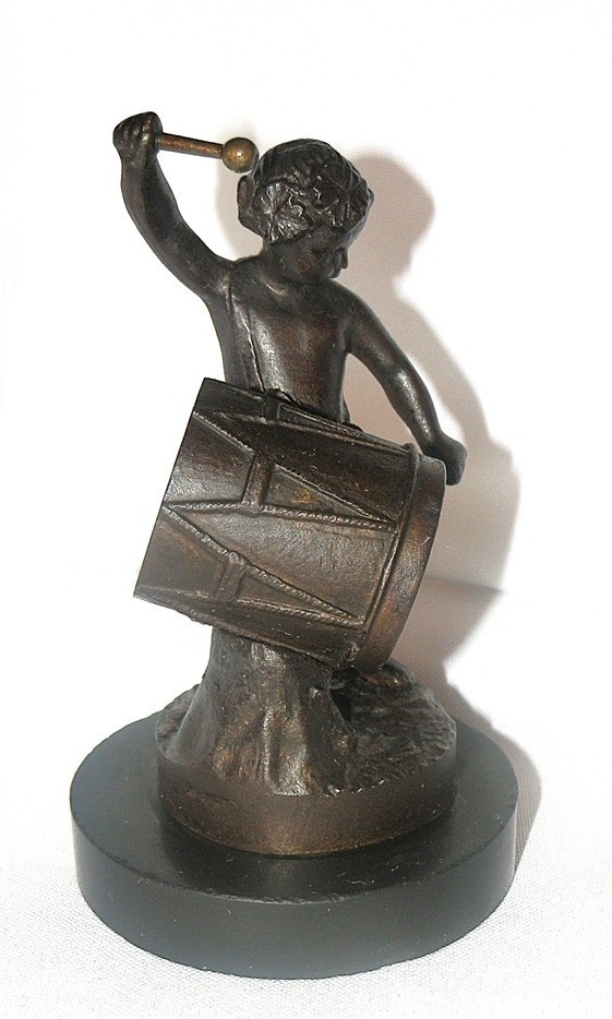 Antique Bronze Cherub Child Drummer Statue