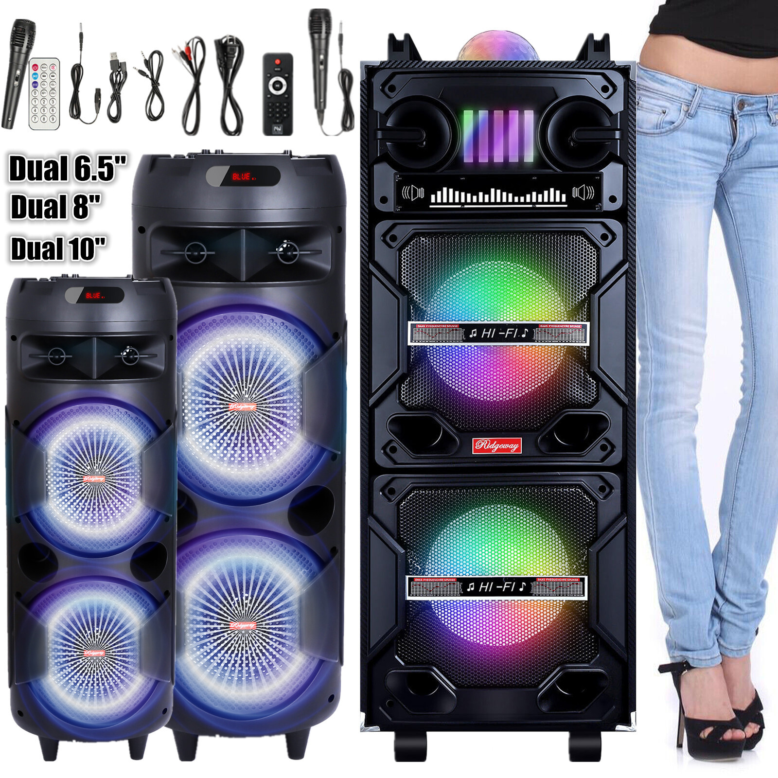 5000W Dual Subwoofer Bluetooth Speaker Portable Party FM Karaok DJ LED AUX + Mic