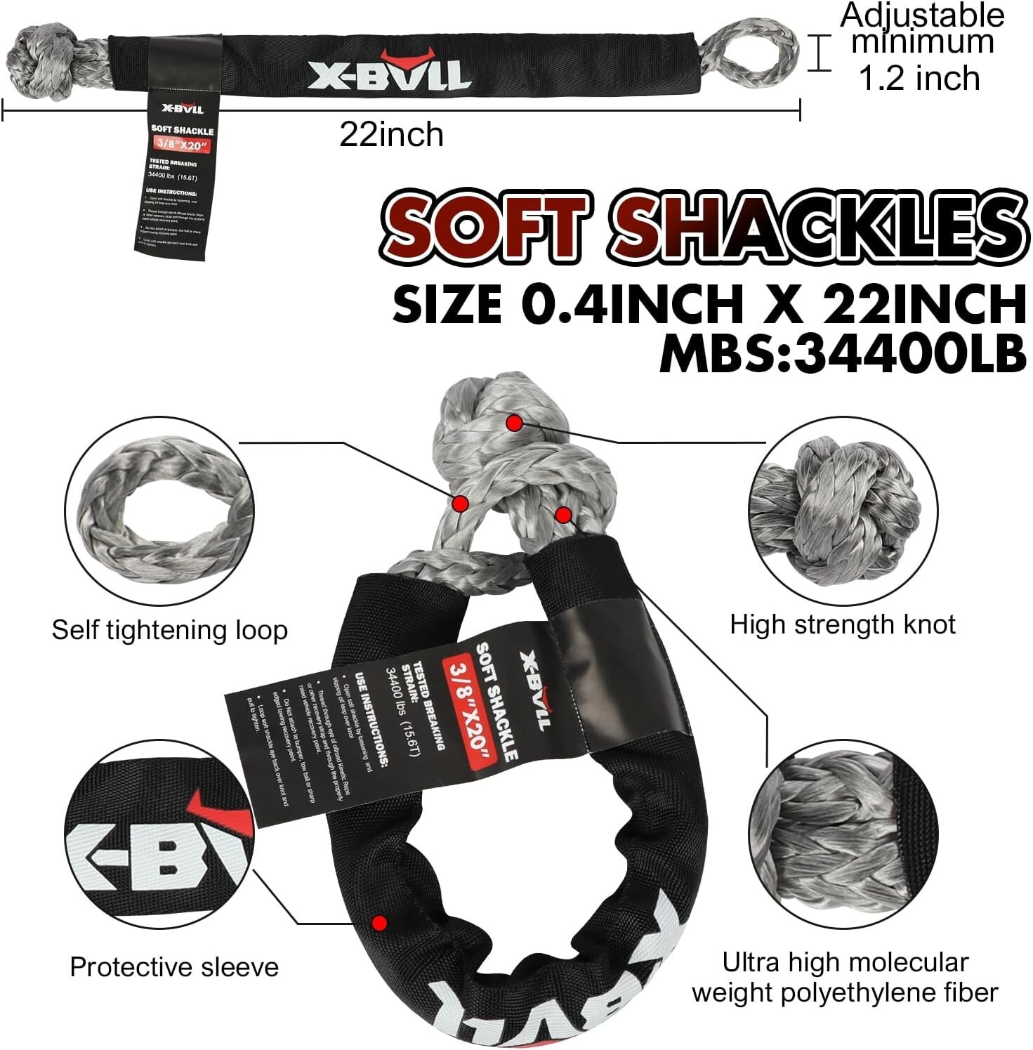 X-BULL Kinetic Rope Recovery Kit 30ft rope Soft Shackles Heavy Gloves 4WD Car