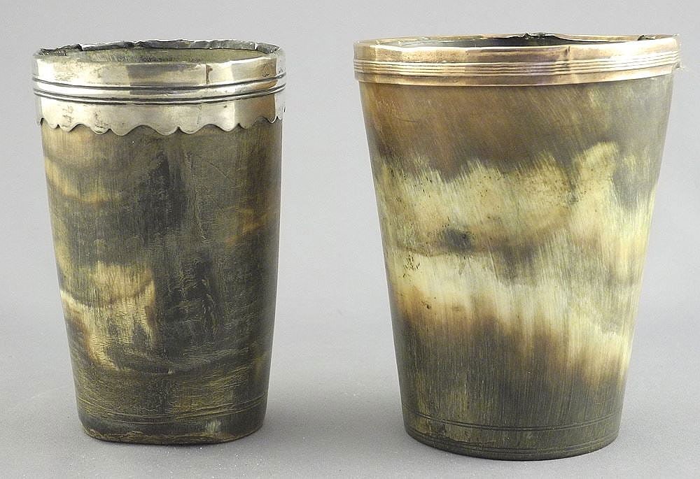 2 GEORGIAN COPPER/GOLD & SILVER RIMMED CUPS BANDED BASES GREAT CONDITION