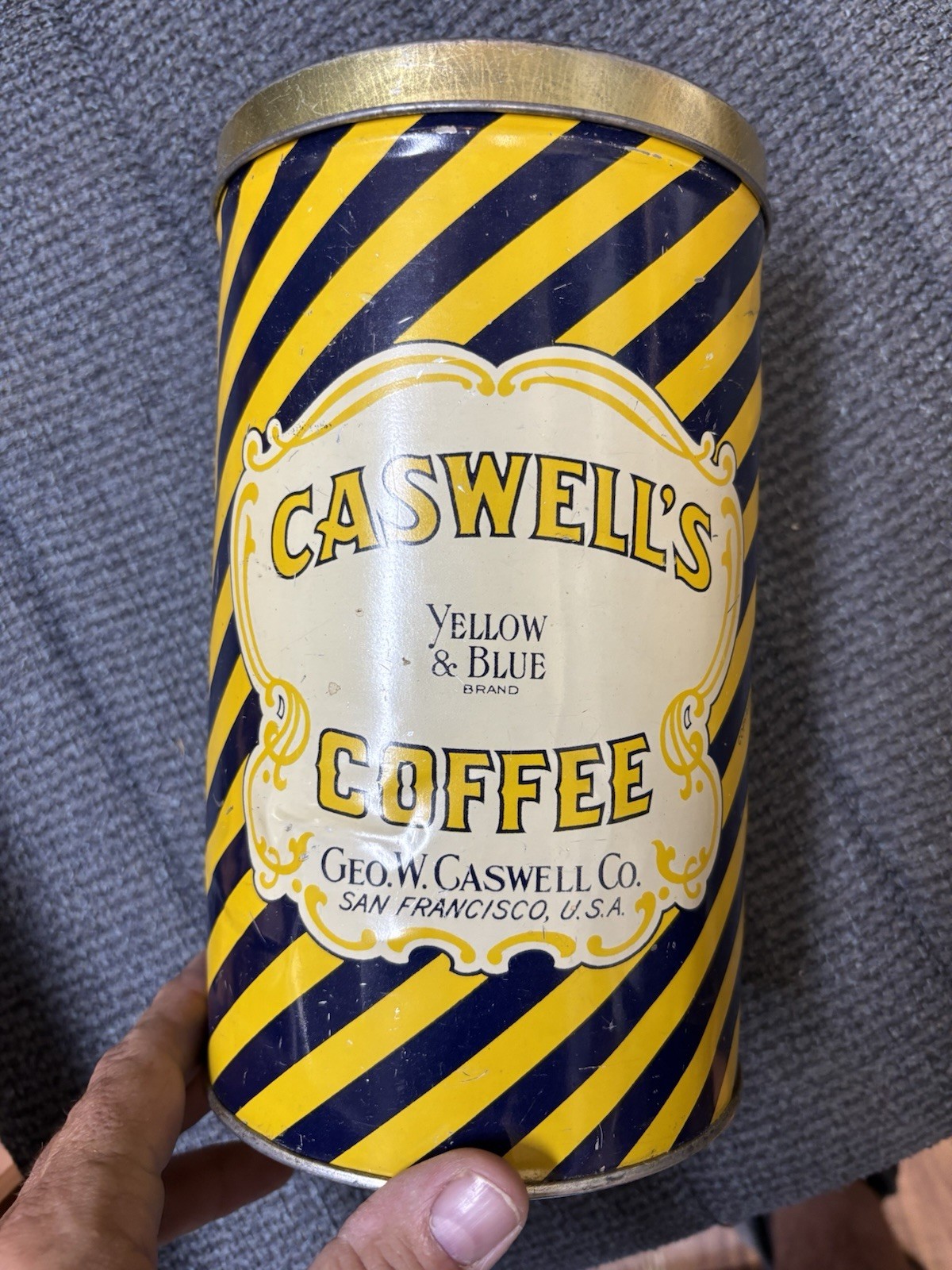 Vtg Caswells coffee 31lb coffee can tin yellow and blue brand advertising litho
