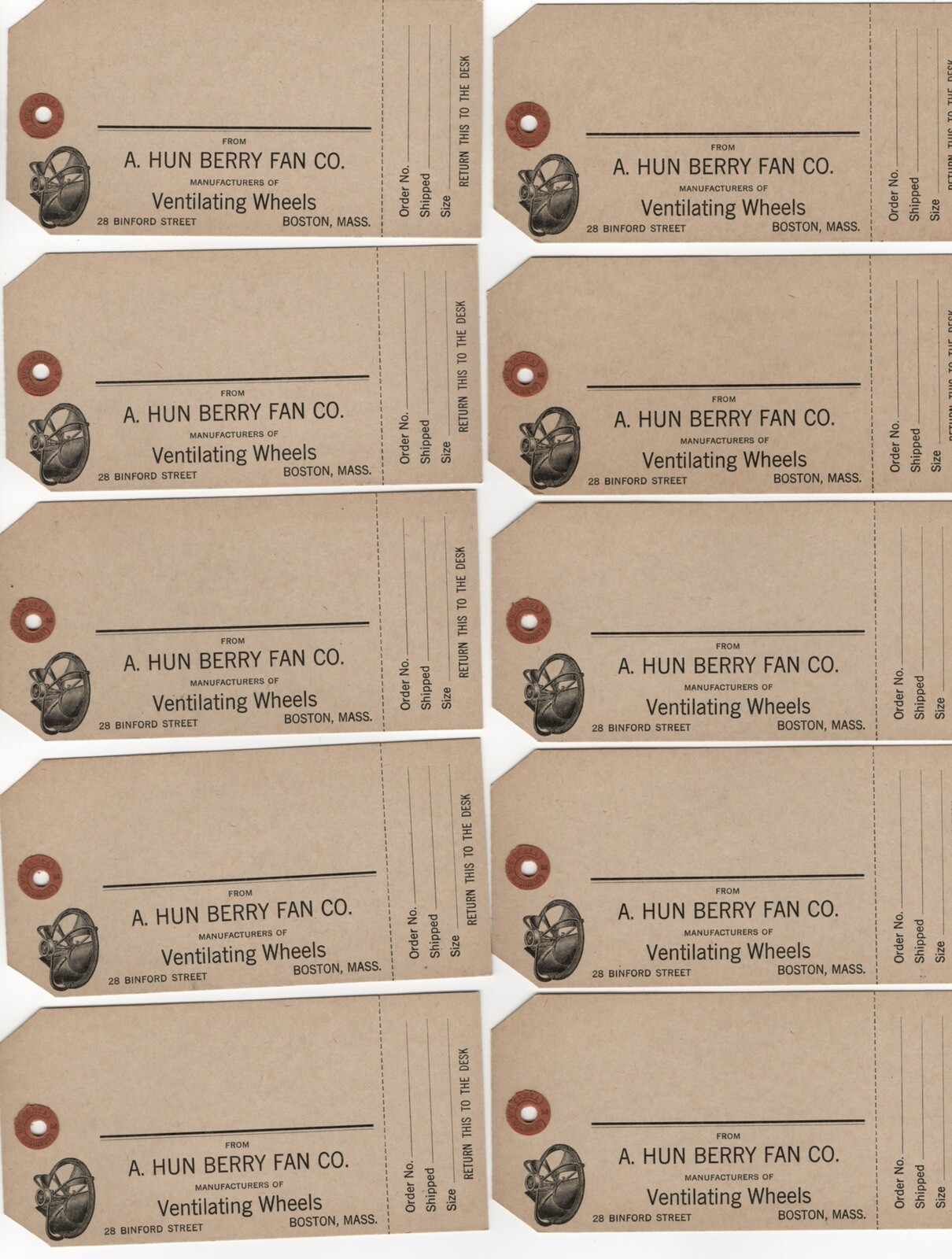 10 1910s TAGS FROM A HUN BERRY FAN CO VENTILATING WHEELS BOSTON MA DENNISON MFG