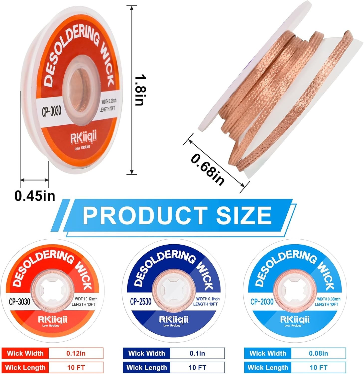 3Pcs Solder Wick Braid Kit with Flux, Low Residue Desoldering Wire 10ft Each USA