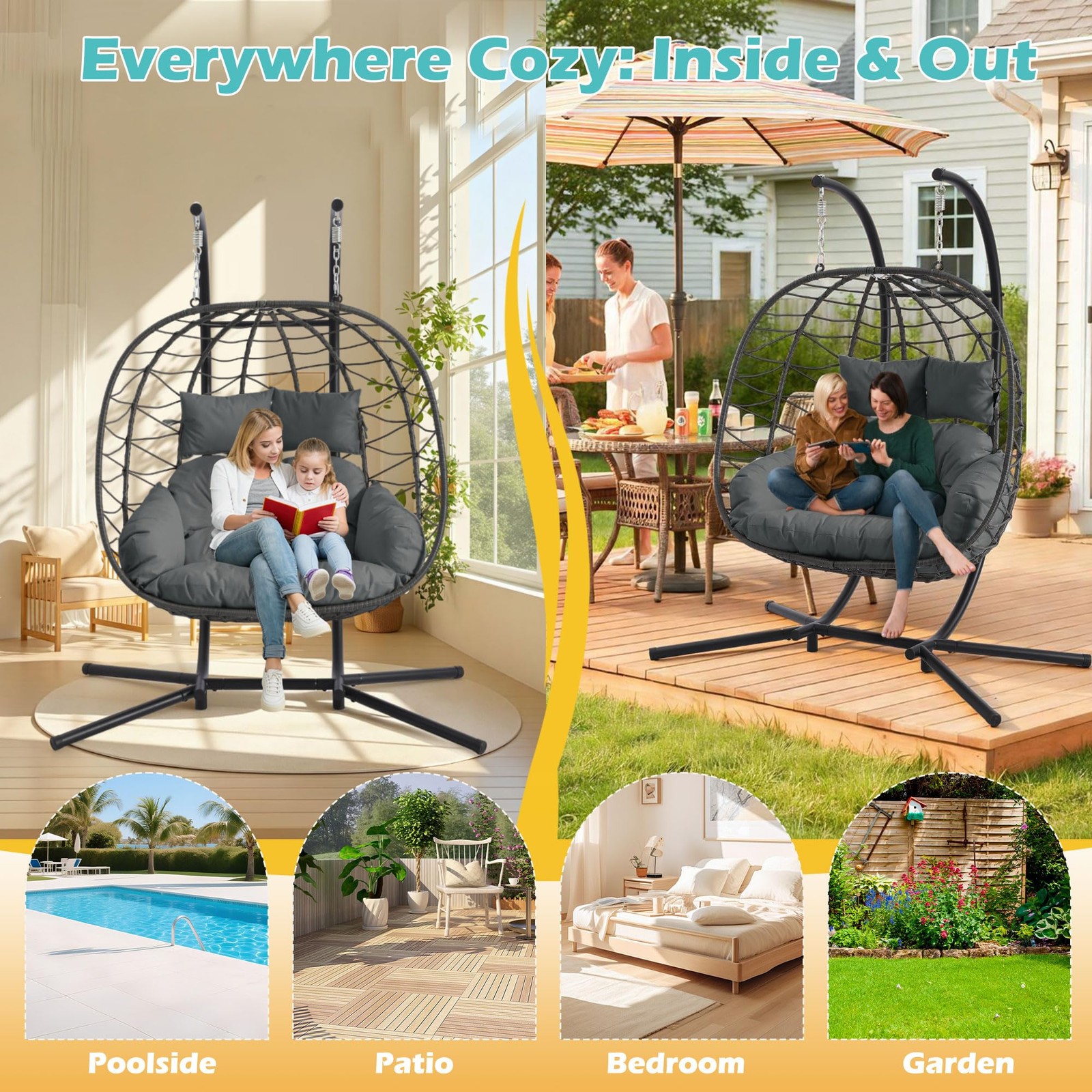 Double Outdoor Hanging Egg Chair with Stand & Oversized Cushion
