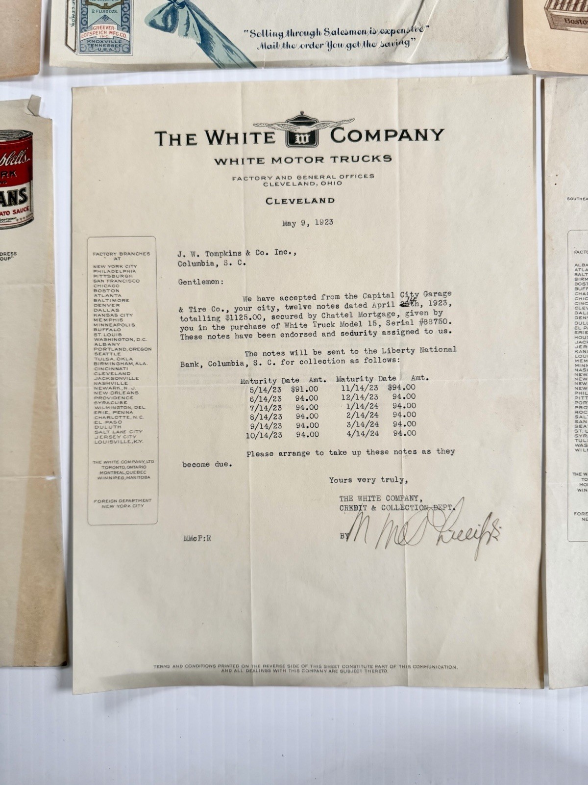 Lot 11 Antique 1923 Letterheads, Campbells, Calumet, White Trucks, Cigar, Hotel