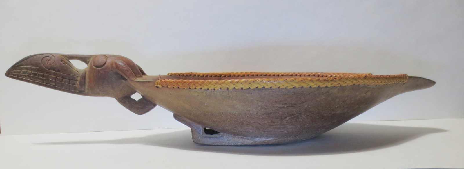 RARE! ANTIQUE! c1900 BORNEO "ASO DRAGON" CARVED WOOD BOWL w WEAVED RATTAN RIM