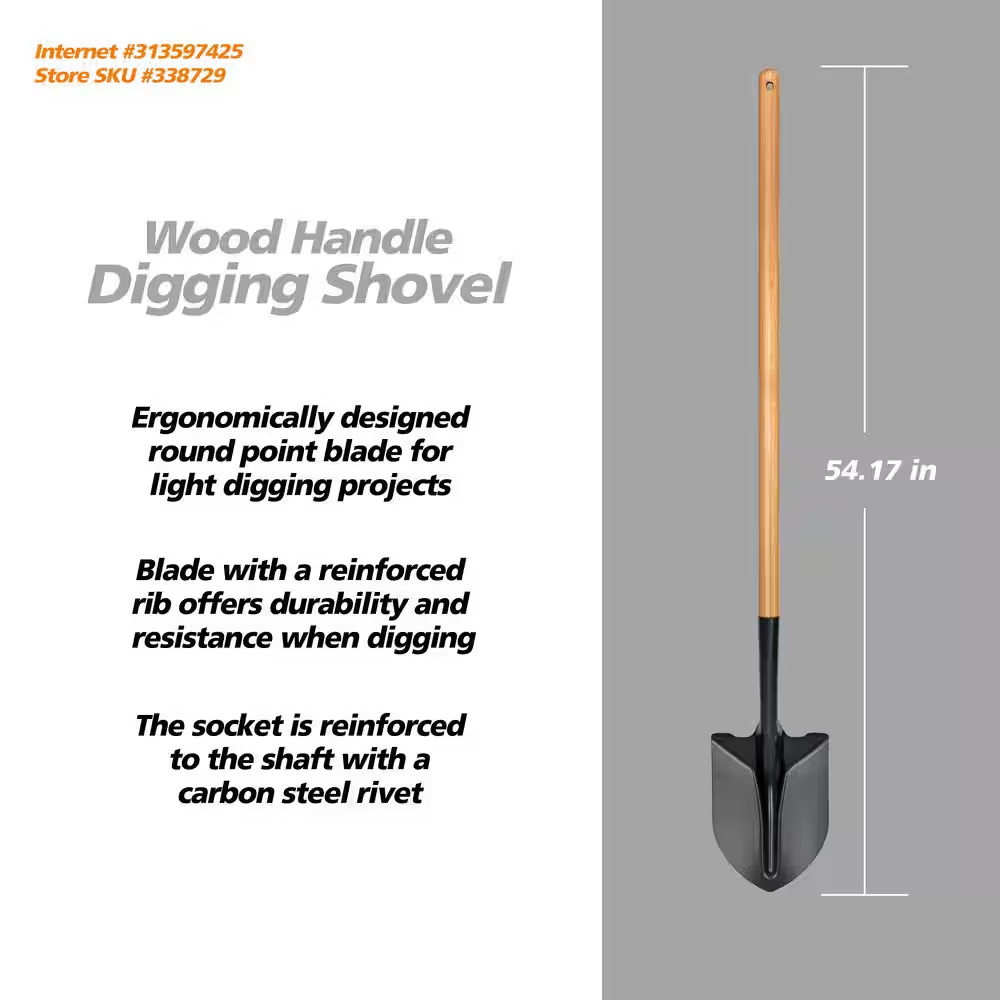43.3 In. Wood Handle Carbon Steel Digging Shovel Tool, New