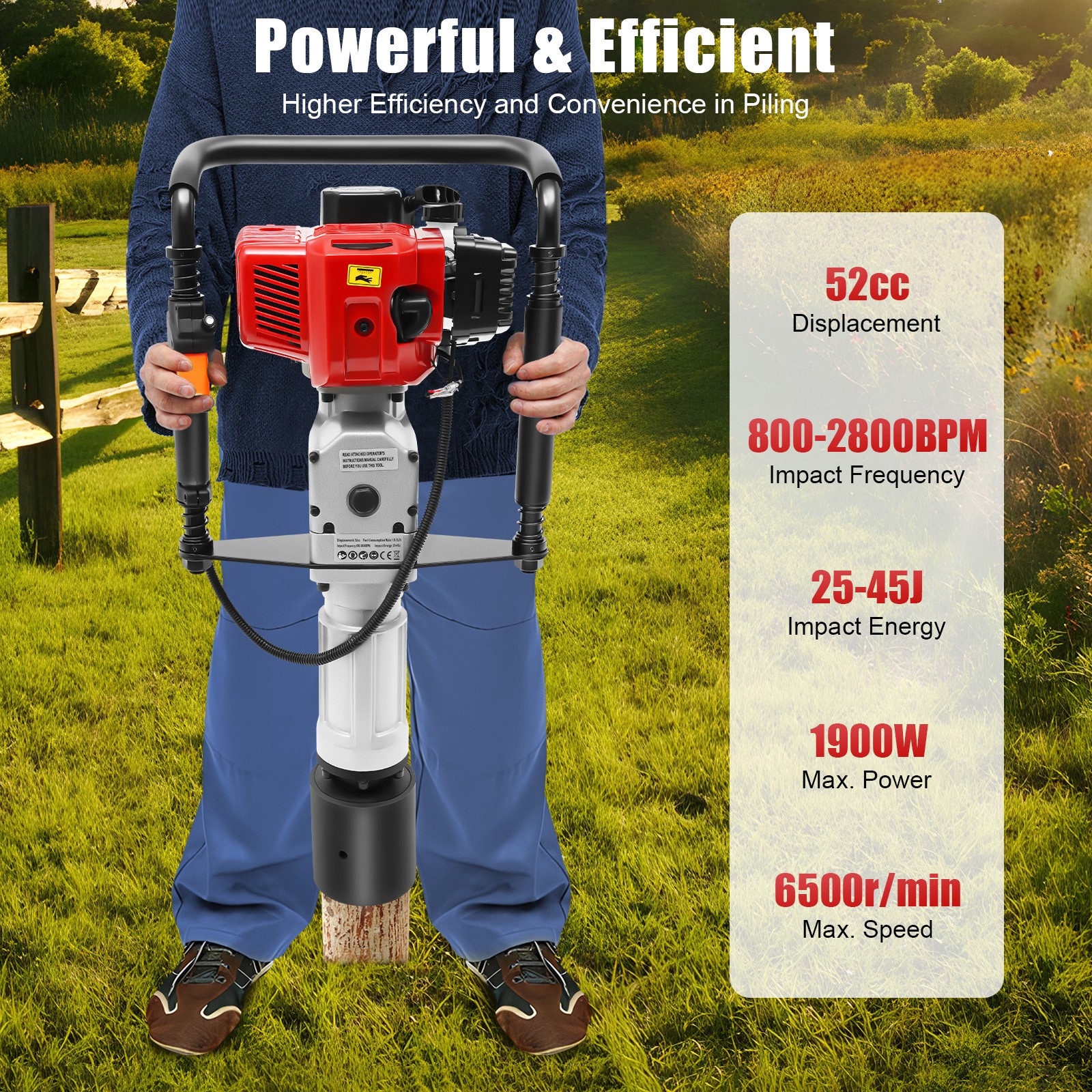 52CC Gas-Powered T Post Driver Engine Gasoline 2-stroke Fence Piling Pounder