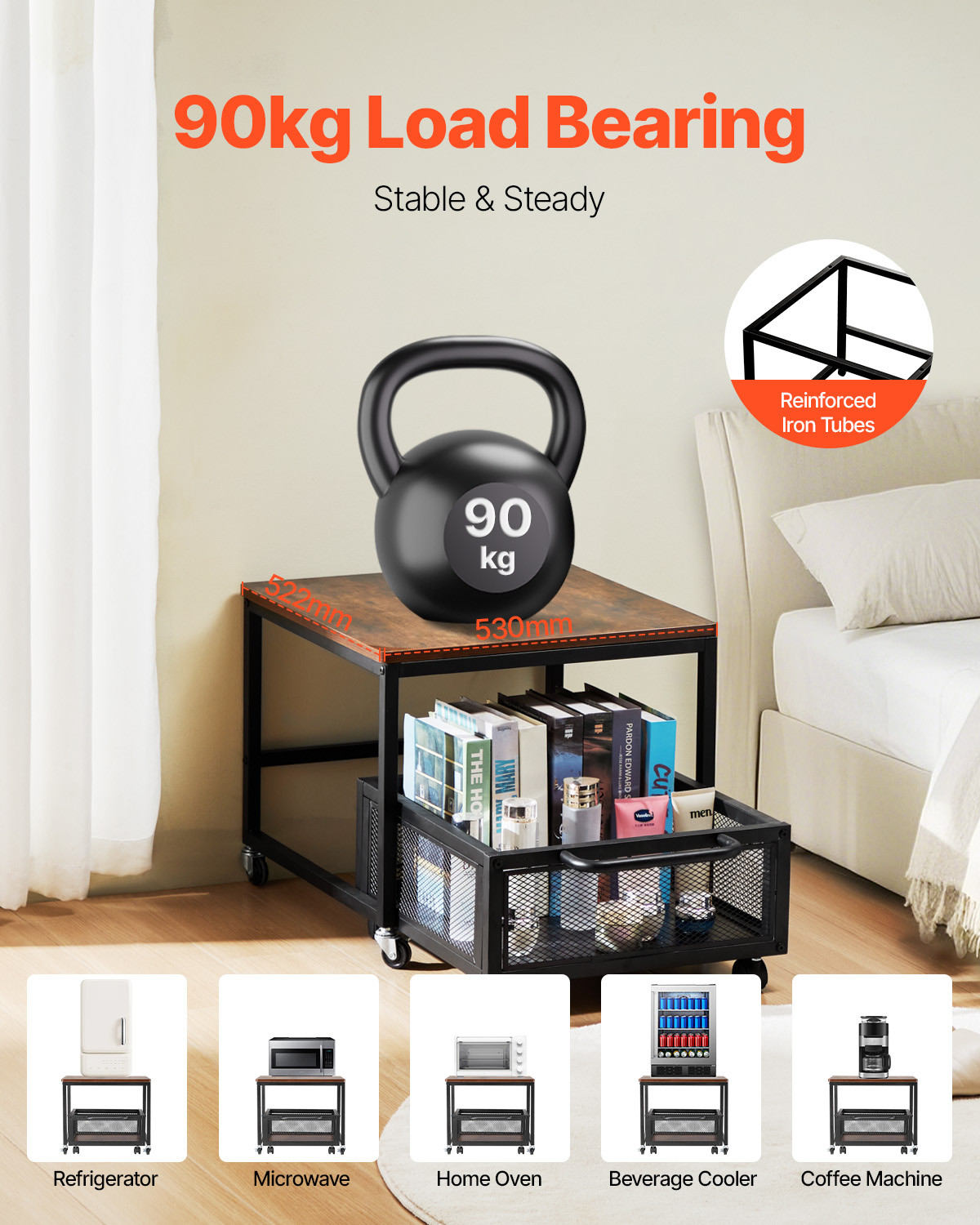 Mini Fridge Stand 198lbs with Storage Cart & Swivel Wheels Dark Brown