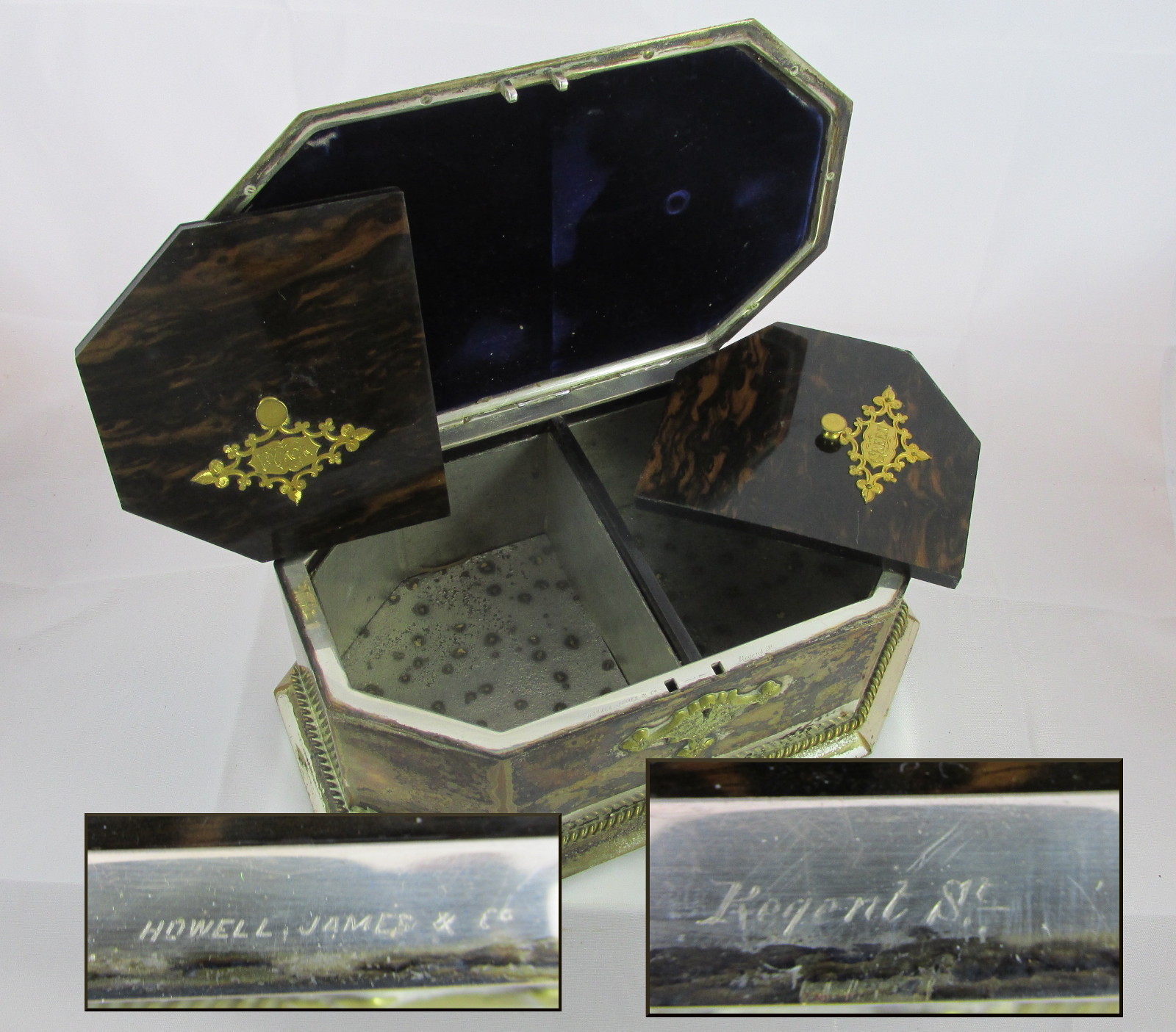 Victorian English Howell James Silver Plate Black&Green Tea Casket Pietra Dura