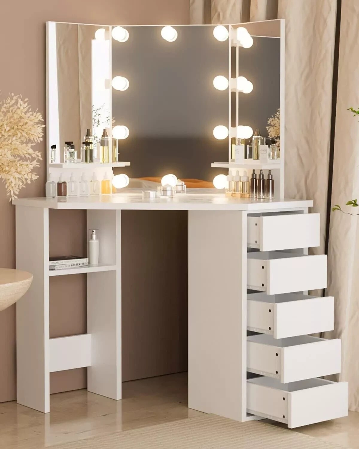 Corner Makeup Vanity Desk Bedroom Vanity Table with Lighted Mirror Girls Vanity~