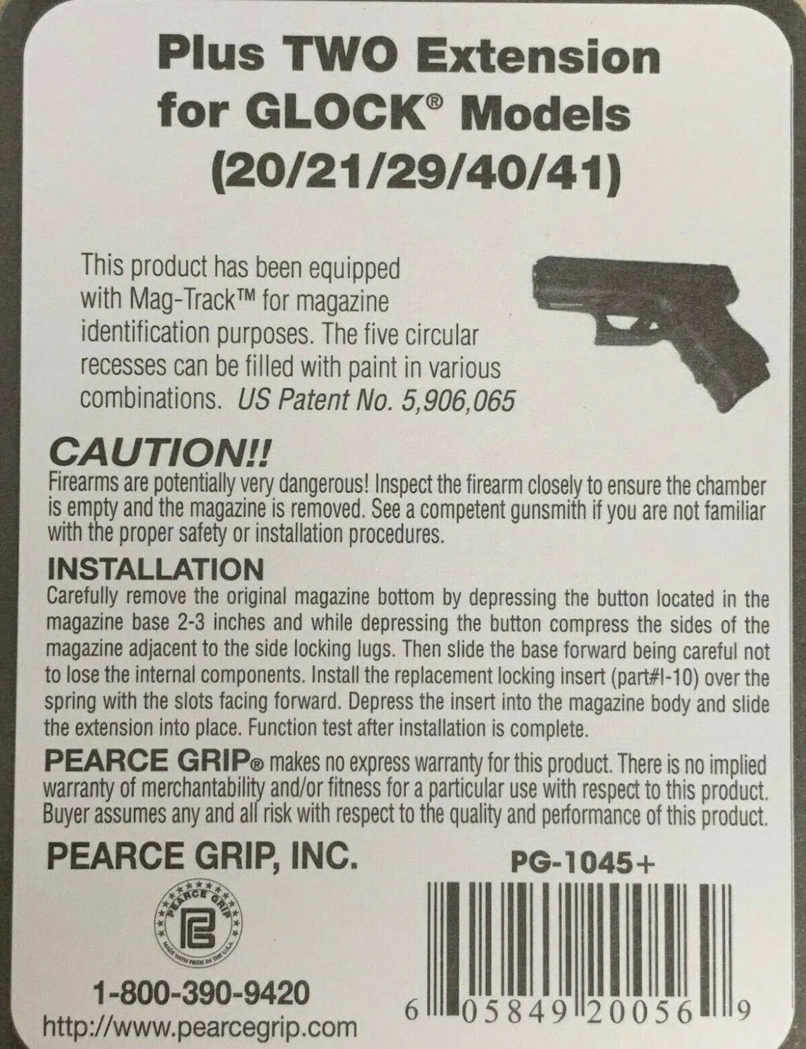 Pearce Grip PG-1045+ fits Glock 29 20 21 40 41 & G30 Plus +2 Ext - PG-1045plus