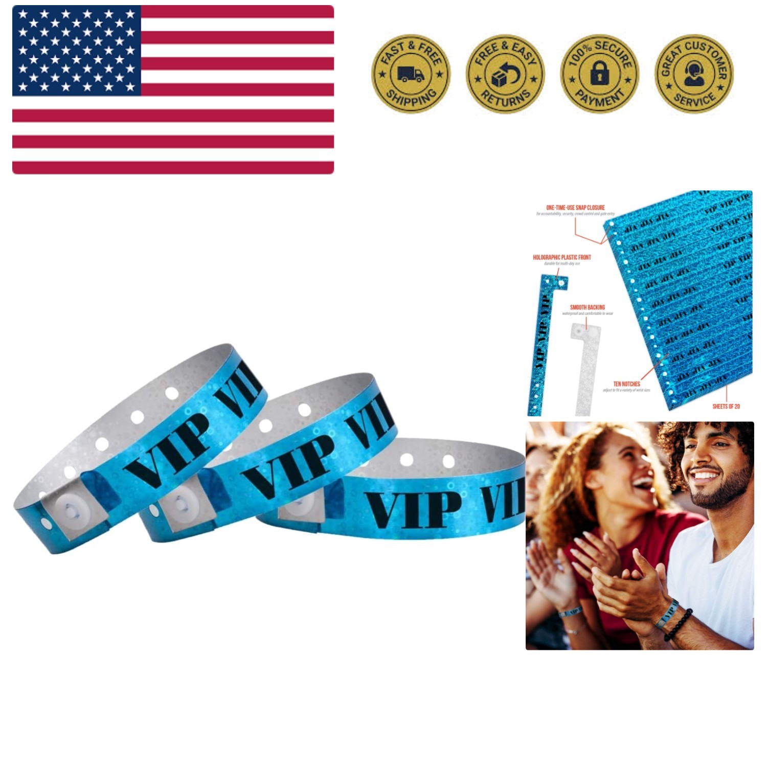 500  Holographic Blue VIP Plastic Secure Snap Wristbands - 5/8" x 10" - Adjus...
