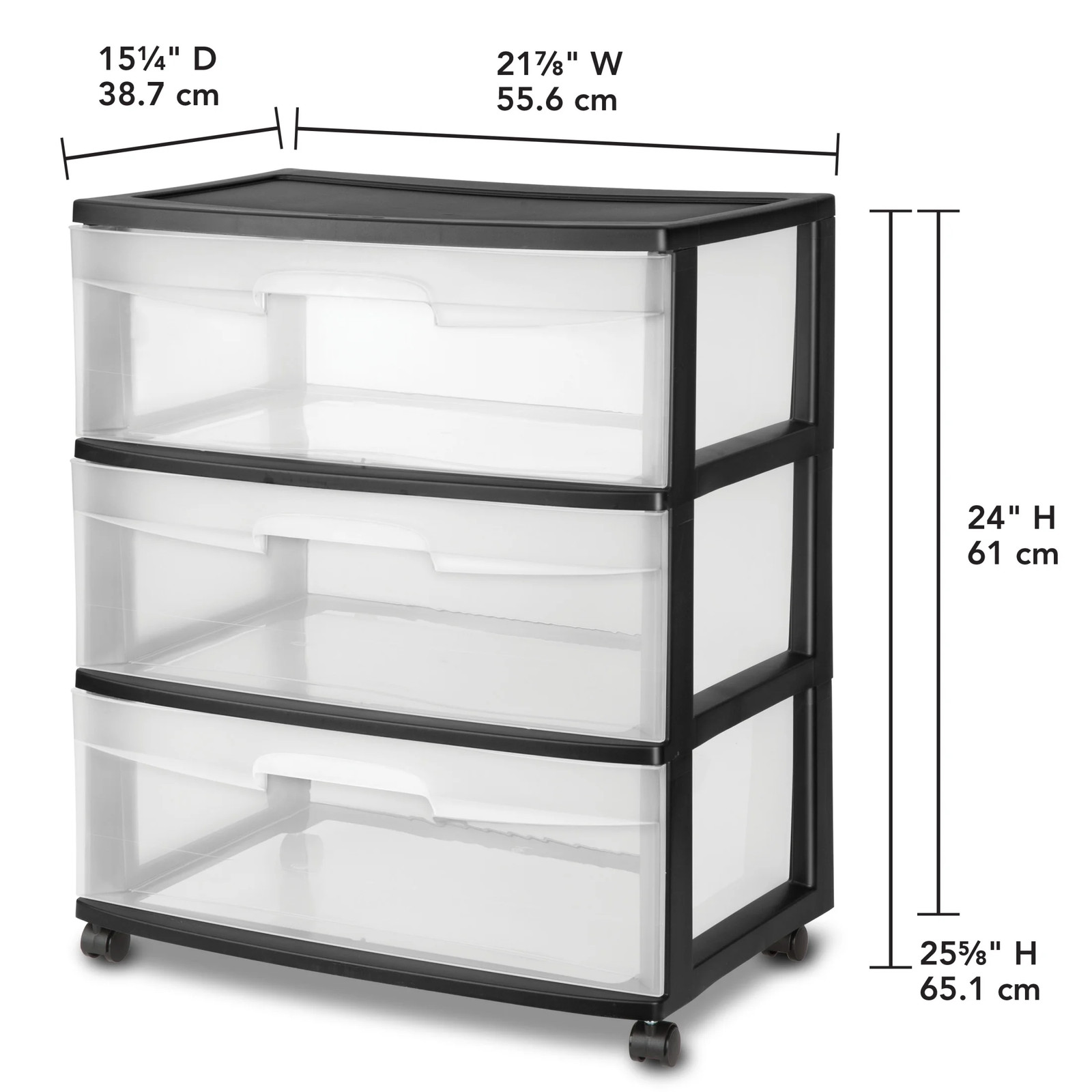 3 Drawer Wide Cart, Clear Plastic Storage Drawers, Wheels Included, Black