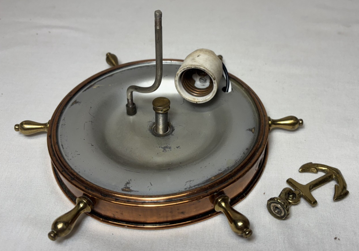 Vtg Nautical Light Fixture MCM Brass Anchor Closet Custard Art Glass Shade #L60