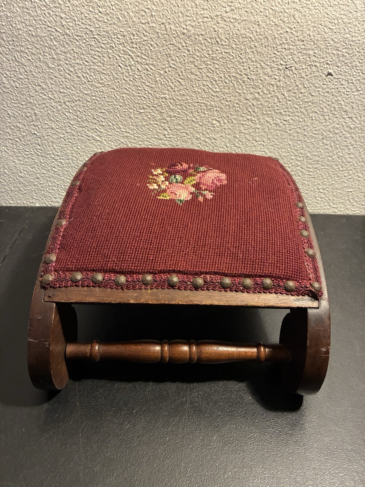 19th C. Antique Victorian Stud Accents Footstool Floral Needlepoint Carved Wood