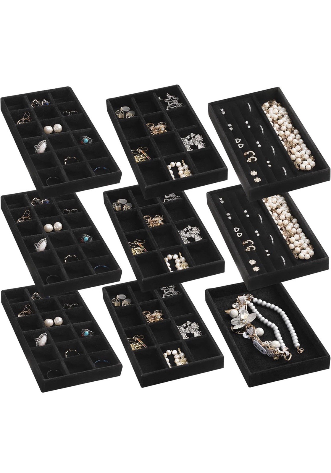 Set of 9 Black Jewelry Trays with Multiple Grid Layouts Organizer Display