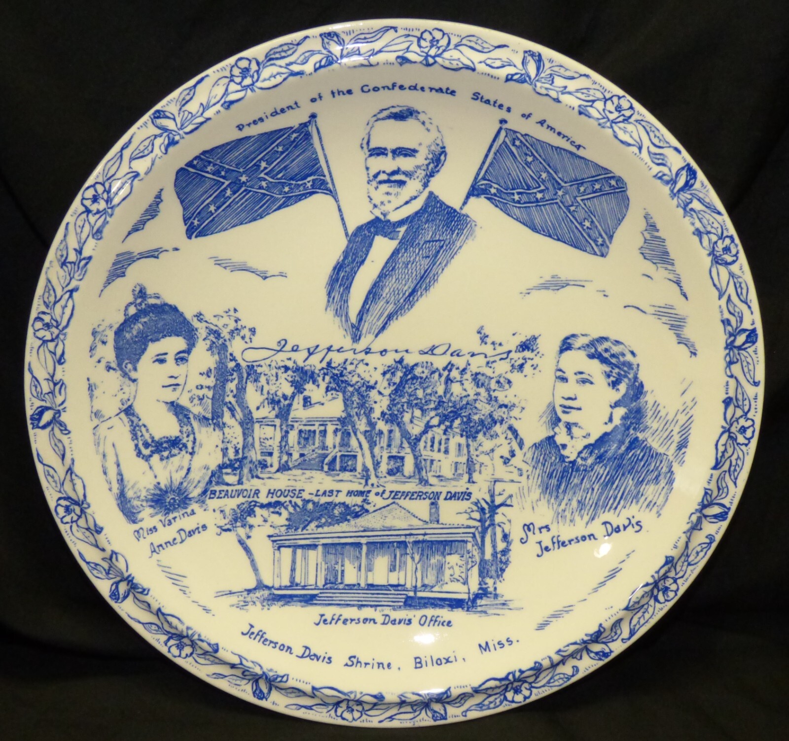 Vintage Vernon Kilns BEAUVOIR Jefferson Davis Home White Blue Ceramic Plate 10"