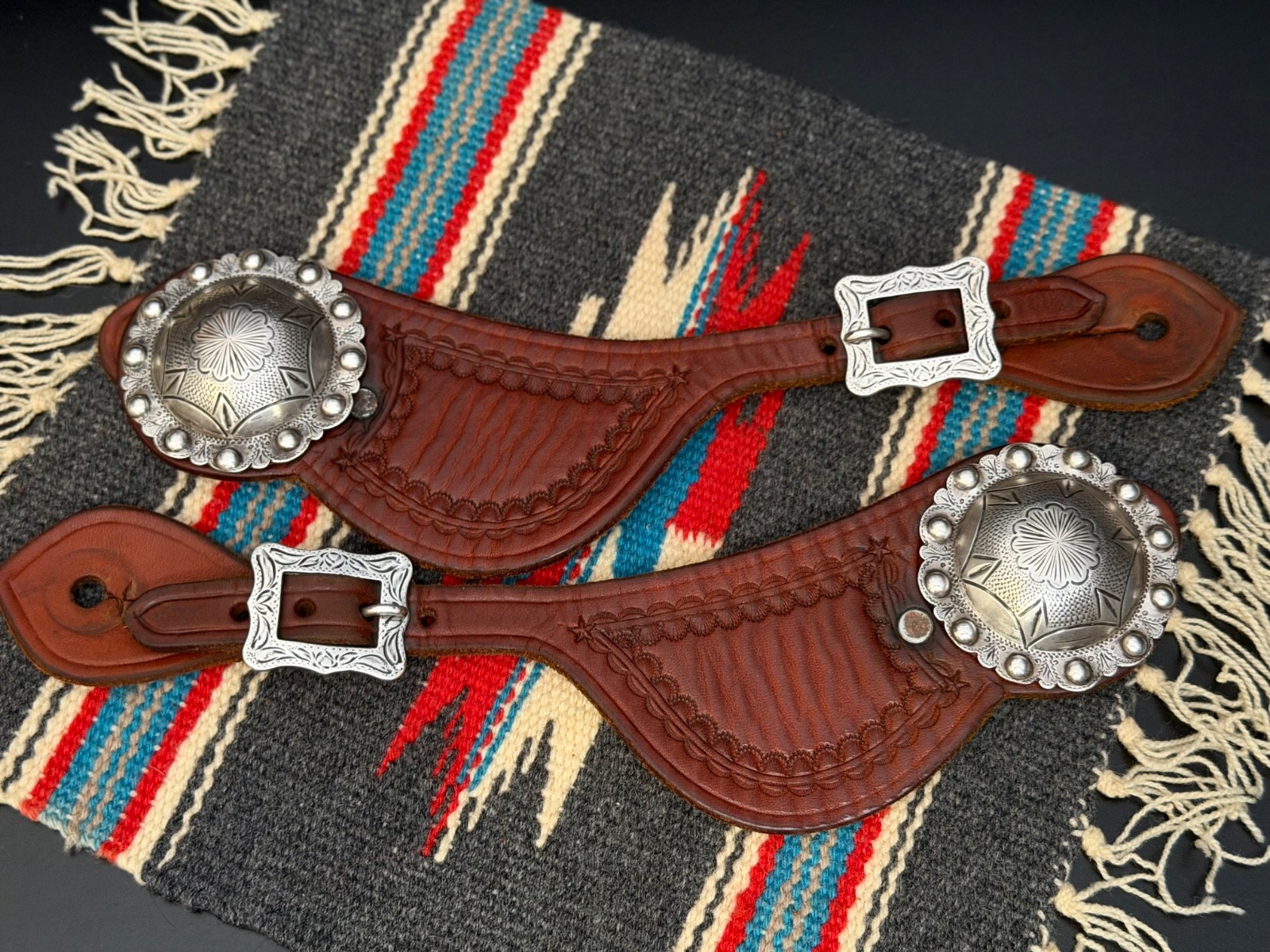 BEAUTIFUL Leather Spur Straps w/ “Sterling” Marked Conchos & “Keyston” Buckles