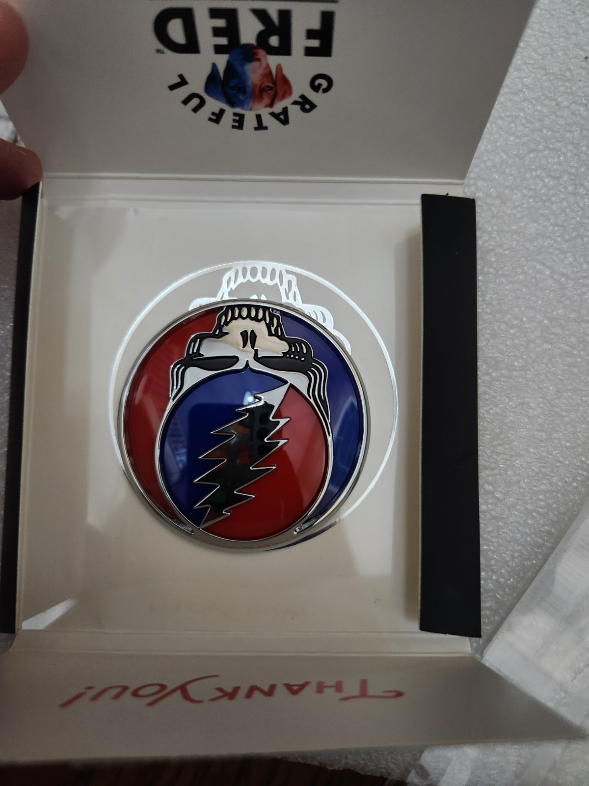 Grateful -  Fred Red AND Blue The Stealie 2.0 Circle Car Emblem Badge