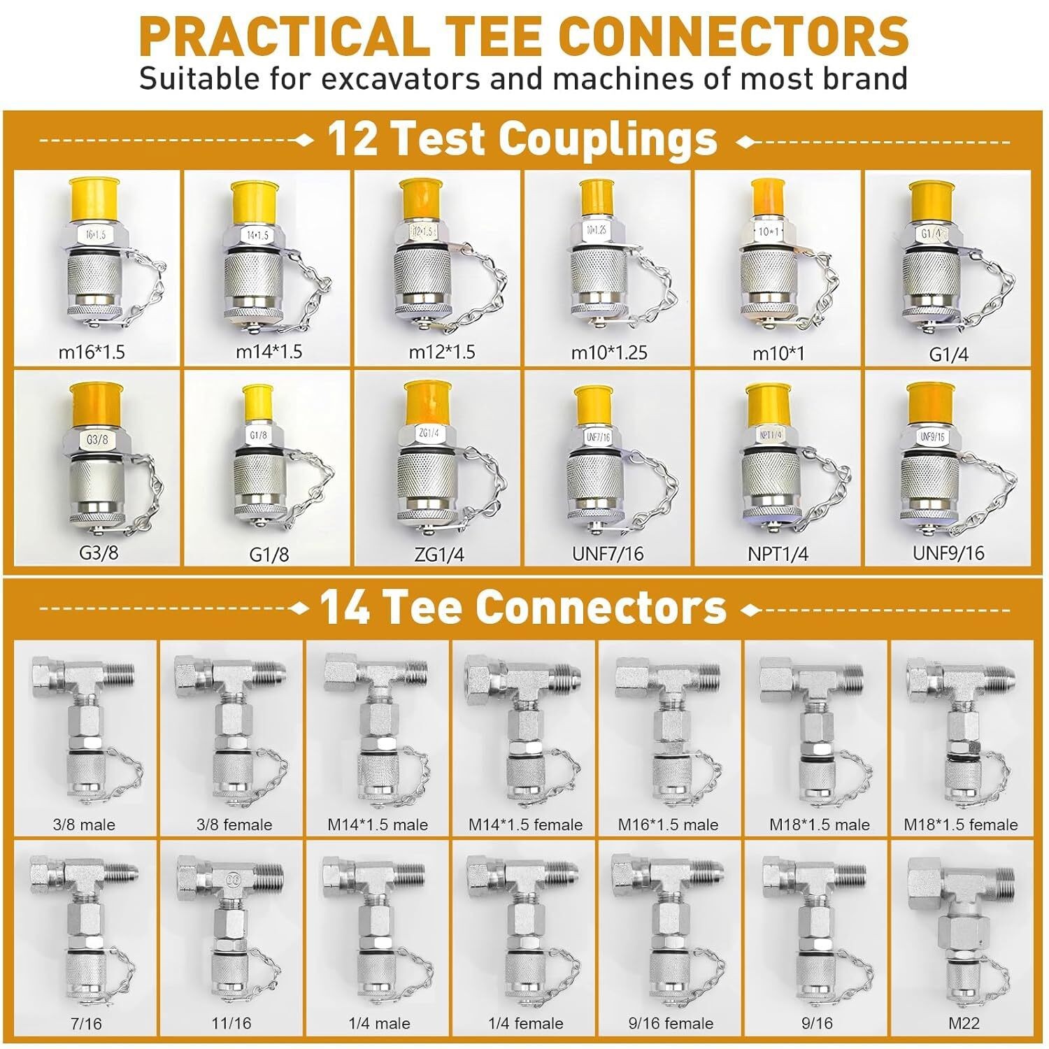 Hydraulic Pressure Test Kit 5 Gauges 13 Couplings 14 Tee Connectors 5 Test Hoses