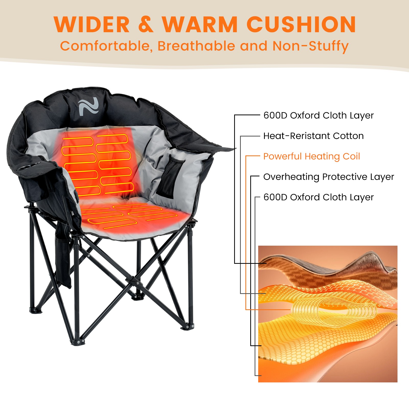 NAIZEA Heated Camping Chair Padded Patio Lounge Chairs 3 Heat Levels 20" W Seat