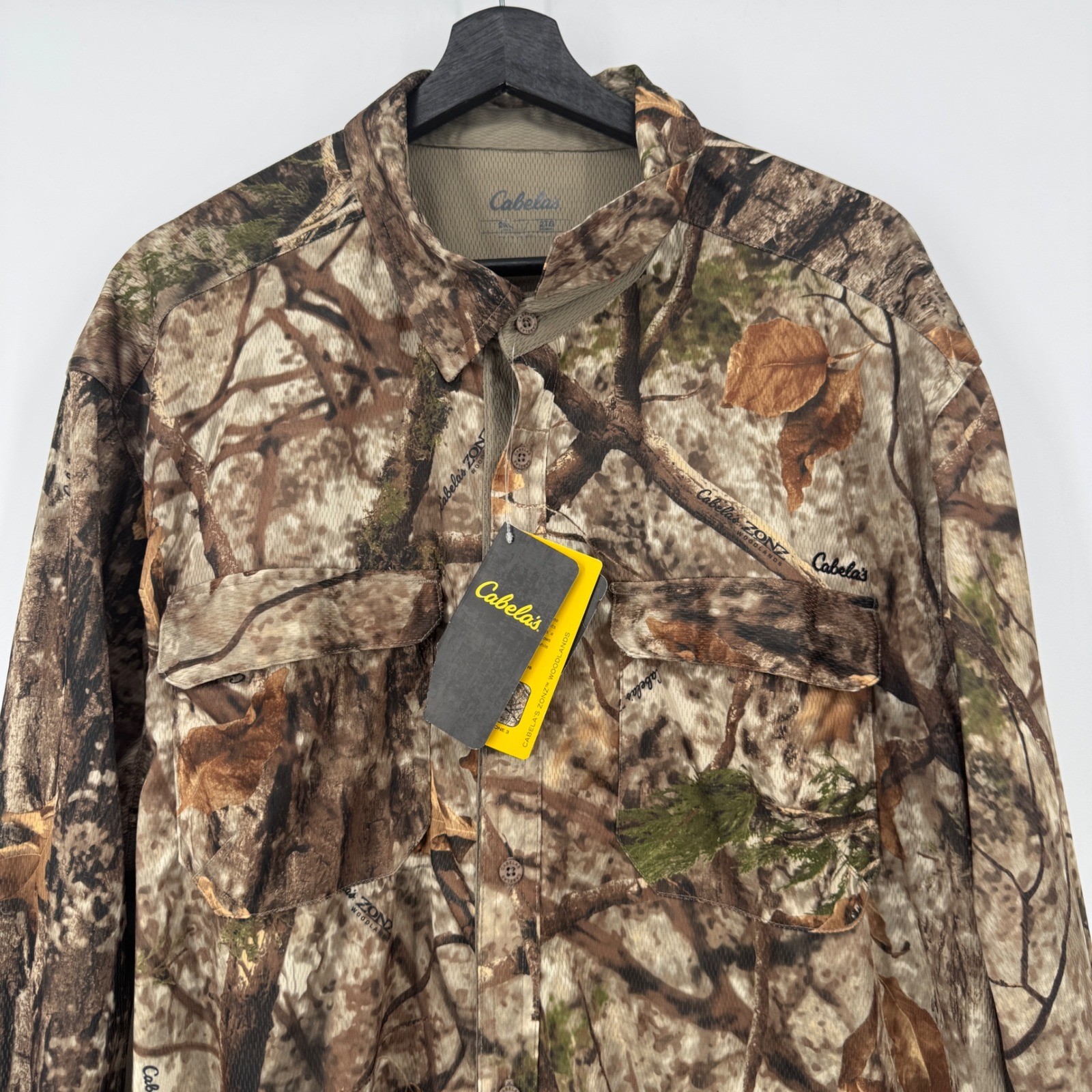 NEW Cabelas Zonz Woodlands Camo Long Sleeve Button Up Shirt Mens 2XL Hunting NWT