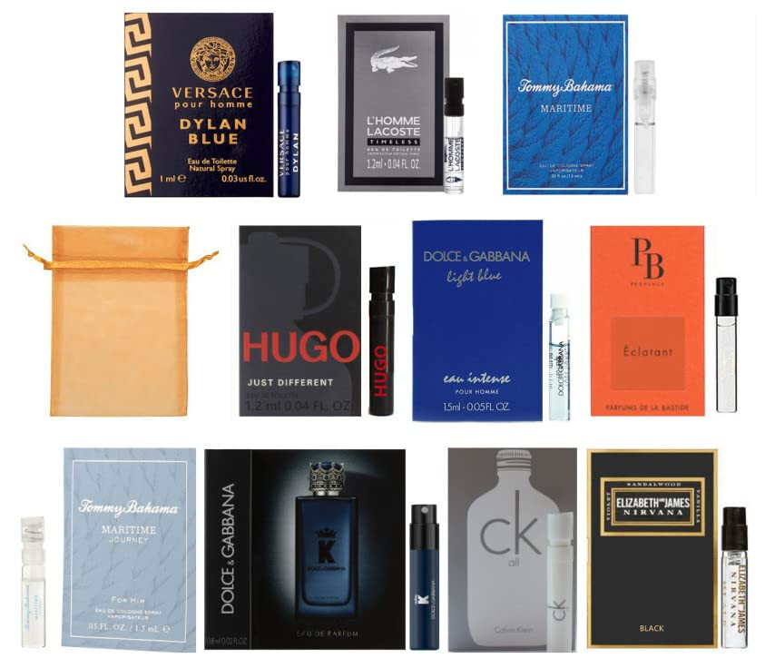 10 Men's Cologne Sample Spray vials with Organza Bag Travel Size