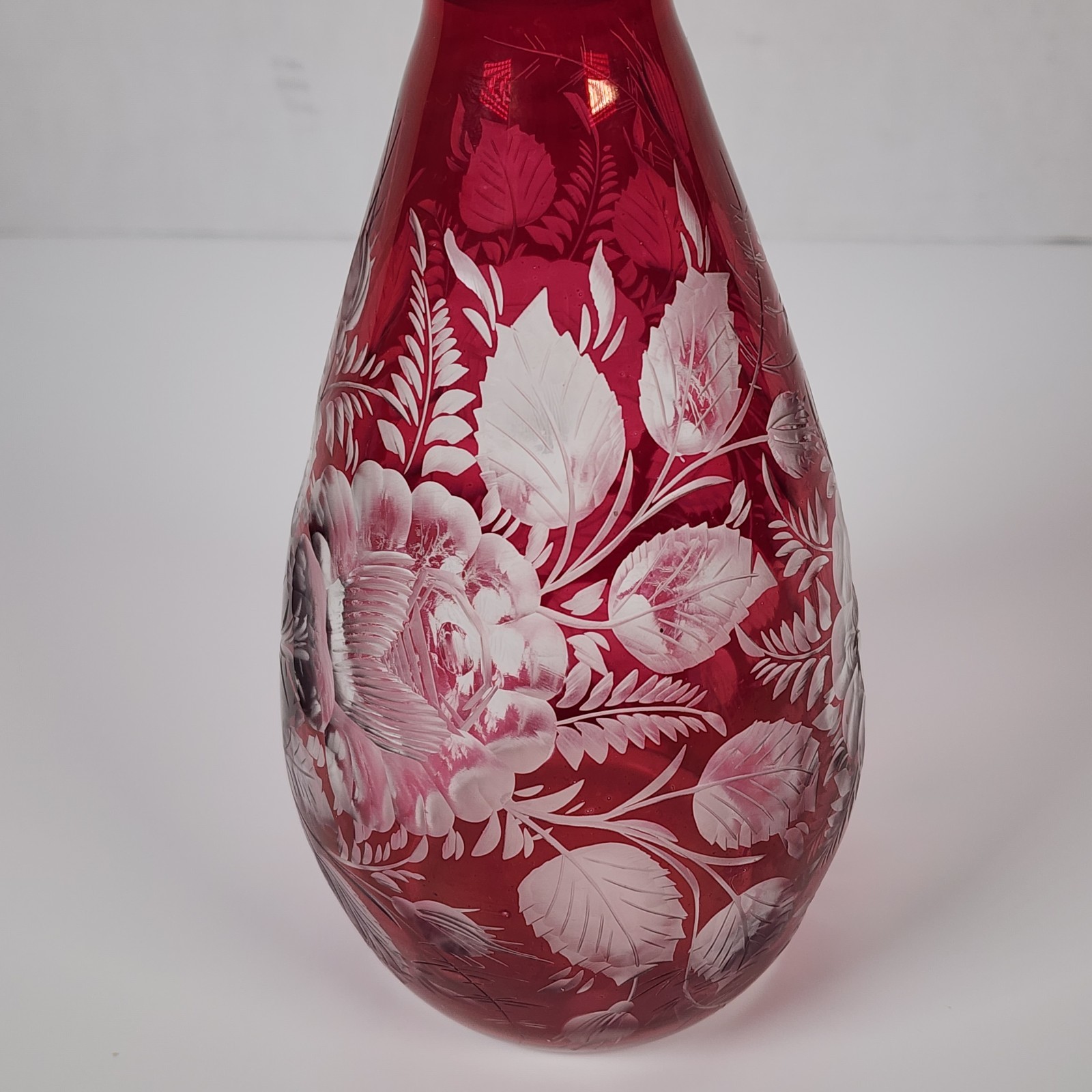 Bohemian Art Glass Ruby Red Liquor Decanter Etched Floral Design Vintage
