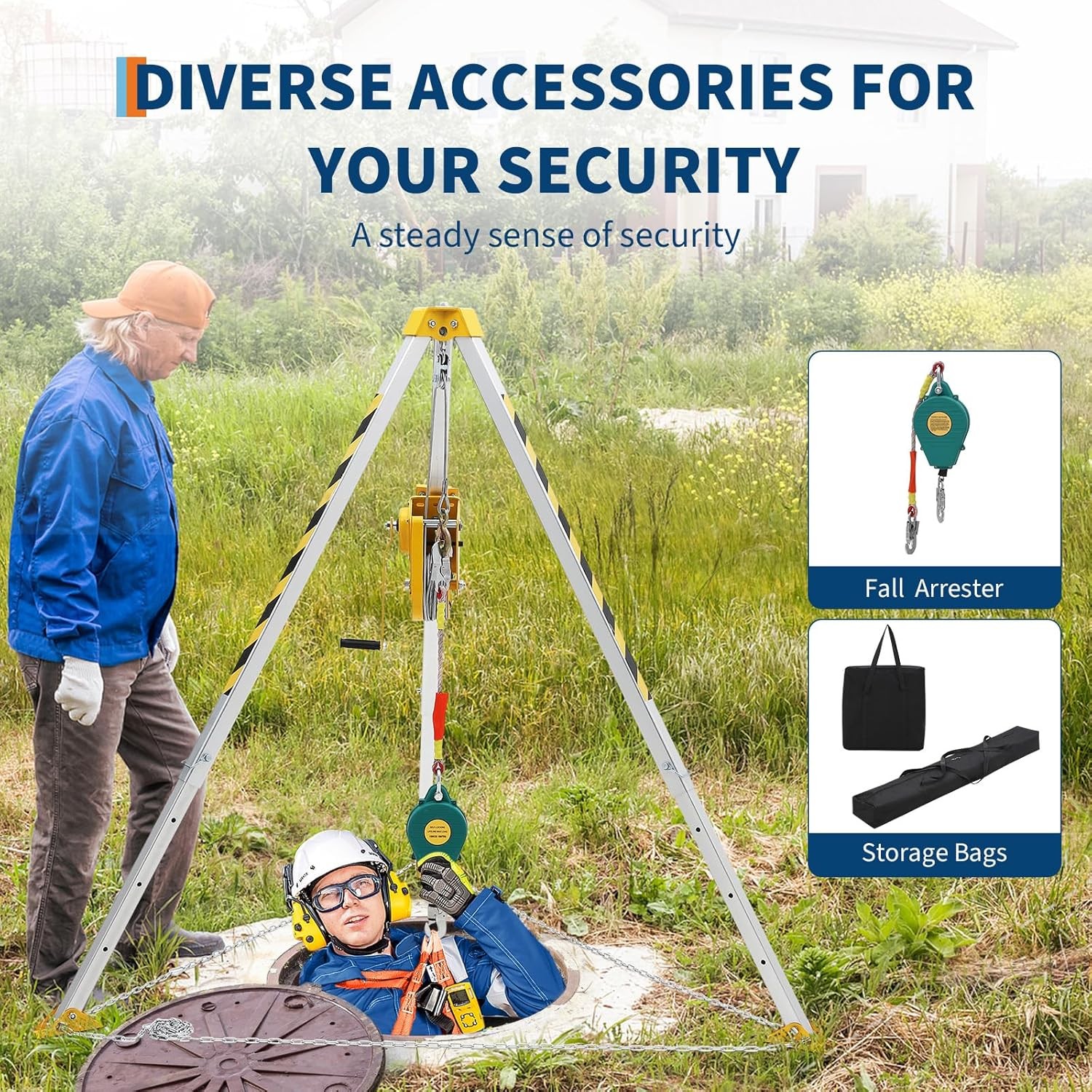 1200Lbs Confined Space Tripod Kit Winch 7' Legs & 98' Cable 33' Fall Protection