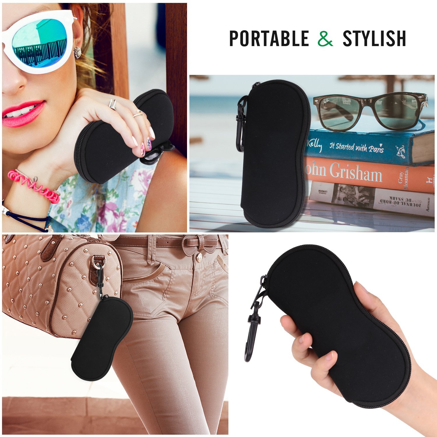 MoKo Eyeglass Soft Case, Zippered Neoprene Sunglasses Pouch w/Clip for Men Women