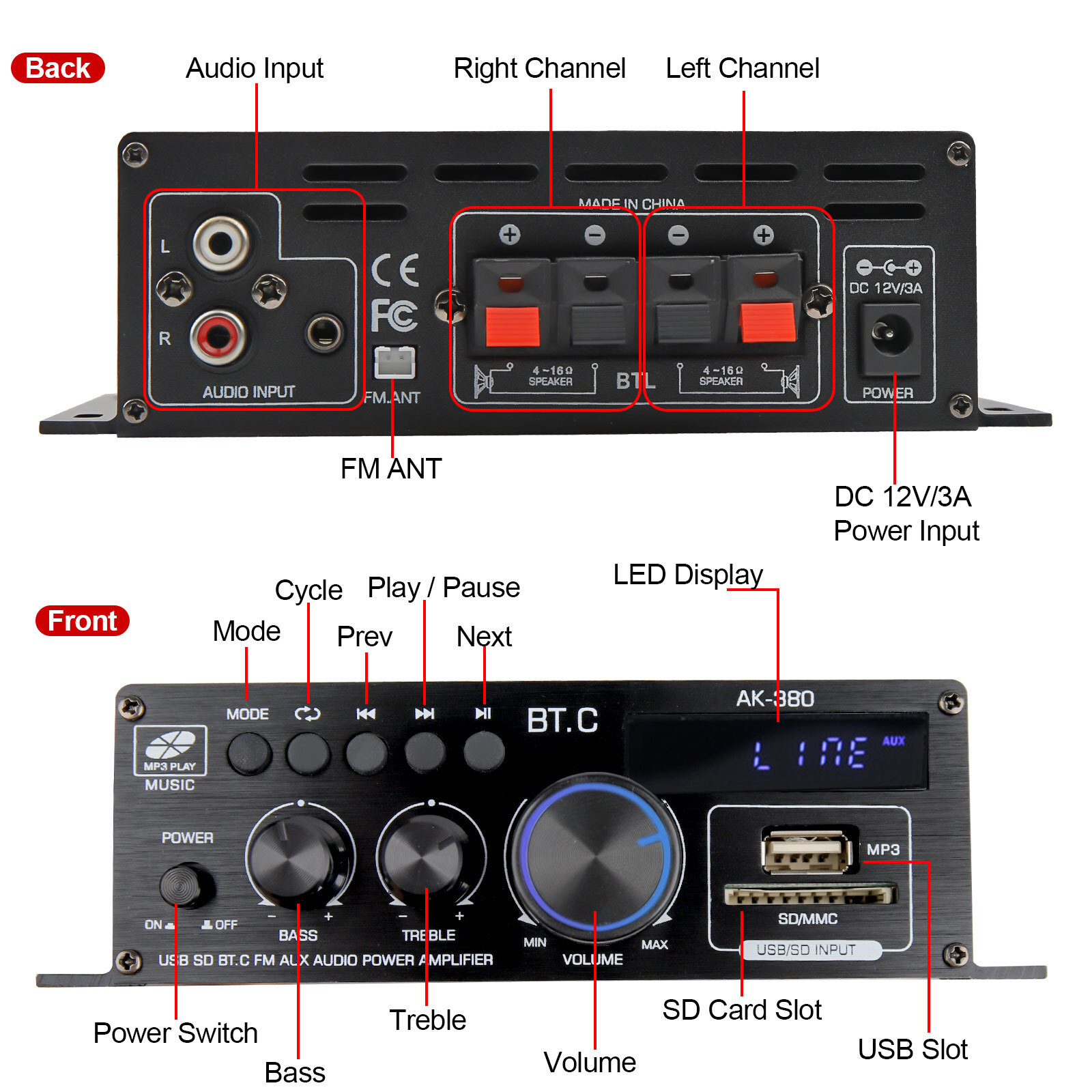 2 Channel 800W bluetooth Mini HIFI Power Amplifier Audio Stereo Amp Home Car FM