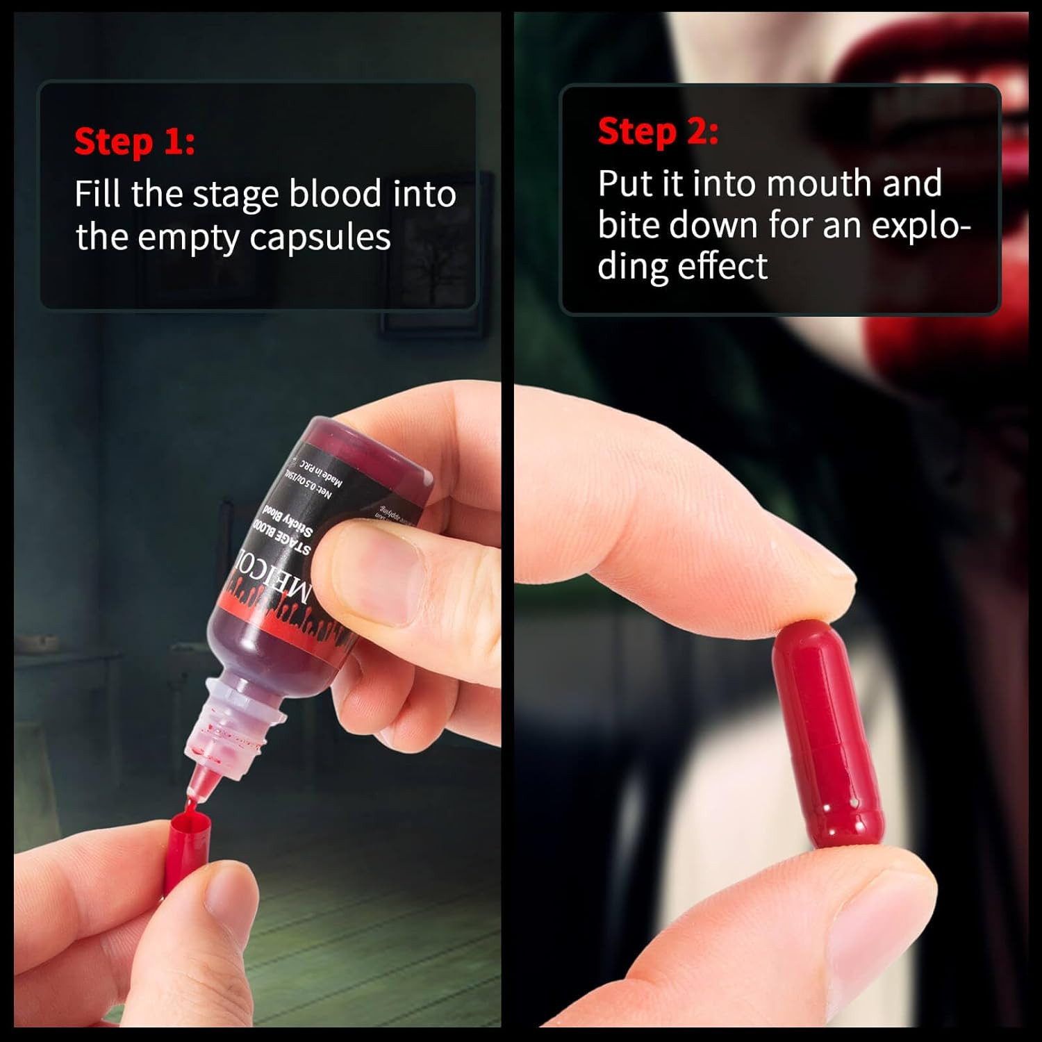 0.5OZ Edible Fake Blood with 6 Packs Empty Capsules,Washable Stage Blood Sangre