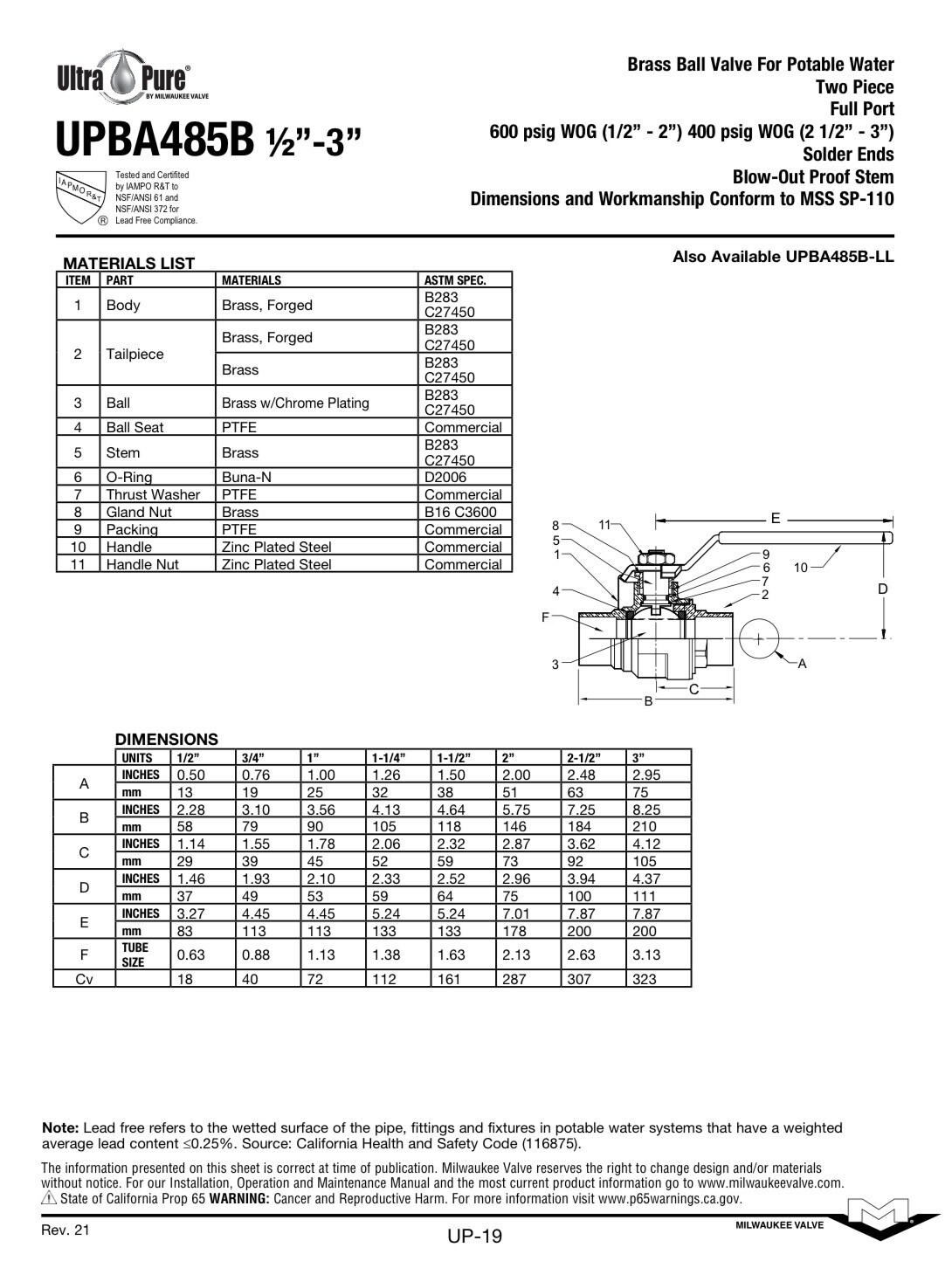 2-1/2" Solder, Full-Port, Lead-Free Brass Ball Valve, 400 WOG, 150 WSP
