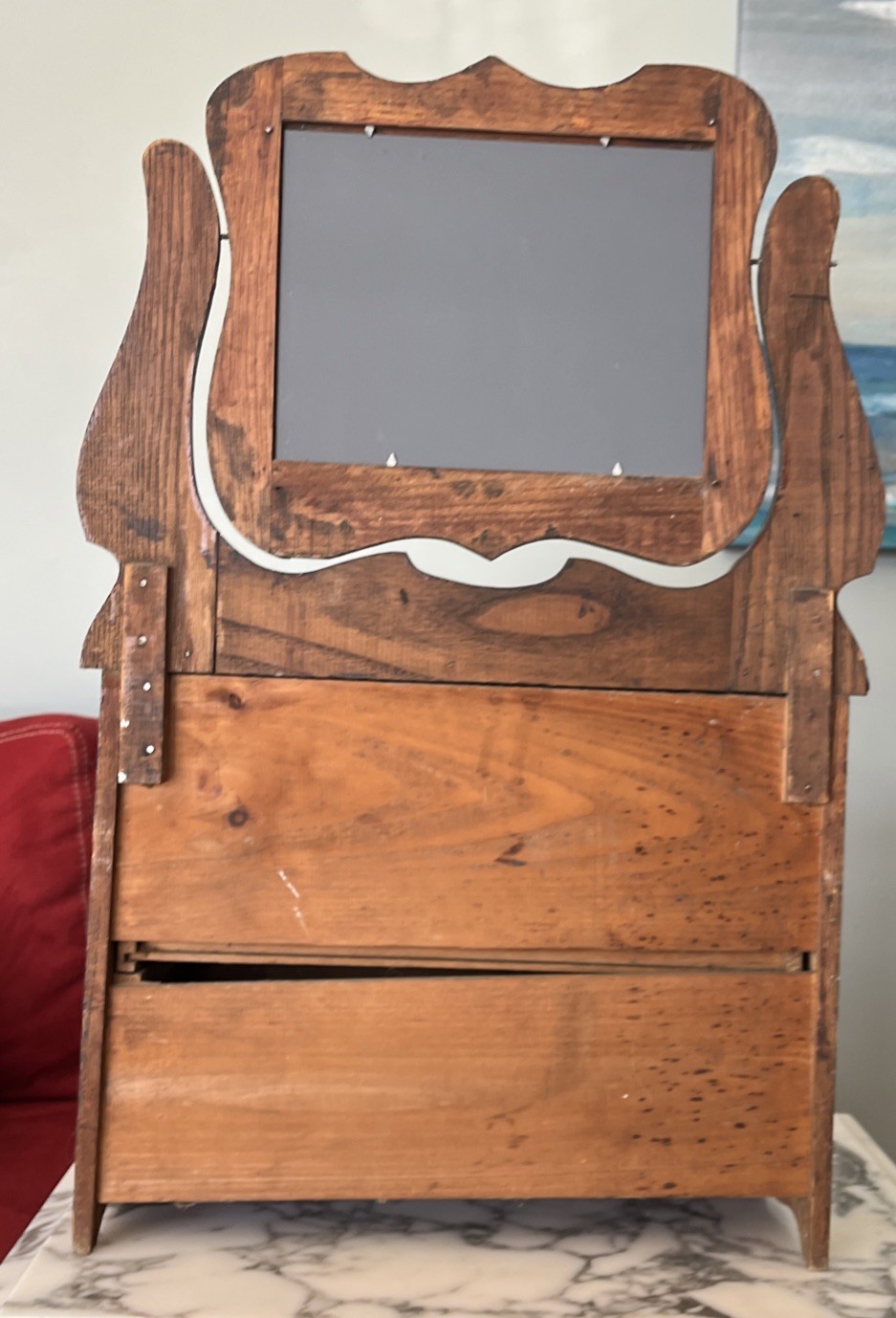 Antique Doll Size Wood Dresser With Brass Handles And Mirror Salesman Sample?