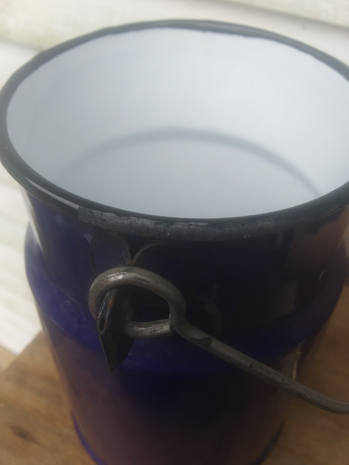 Vintage Blue Enamel White Inside Milk Pail w/Lid Wooden Handle Made in Holland