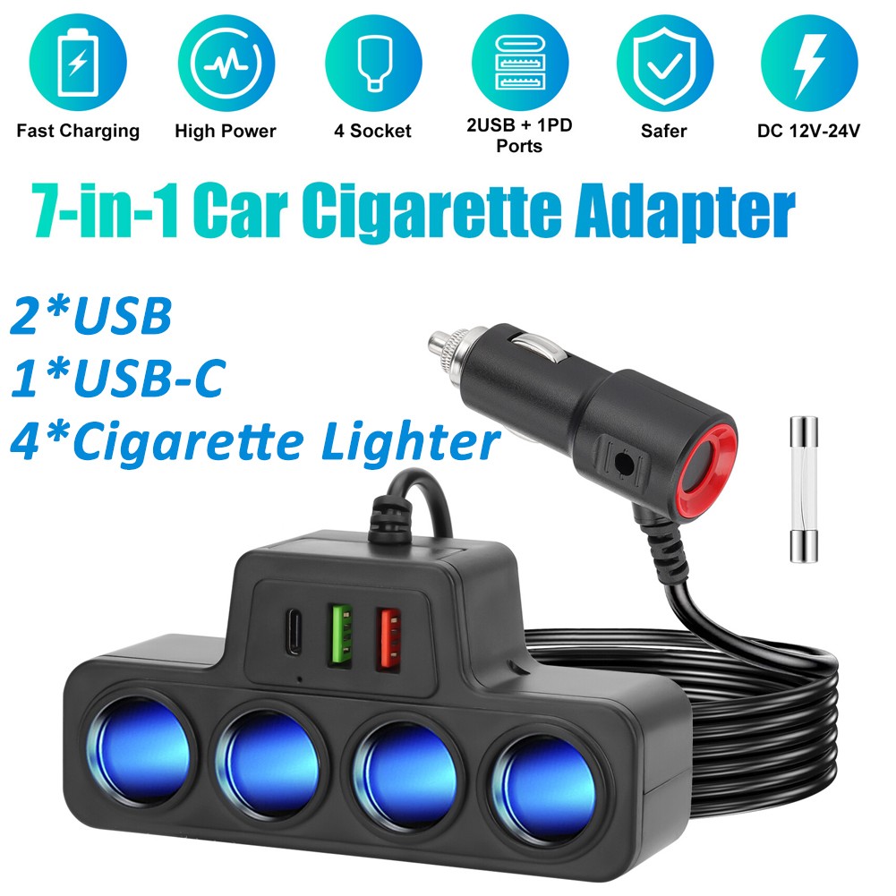 7-in-1 4Way Car Cigarette Lighter Socket Splitter Fast Charger Power Adapter 12V