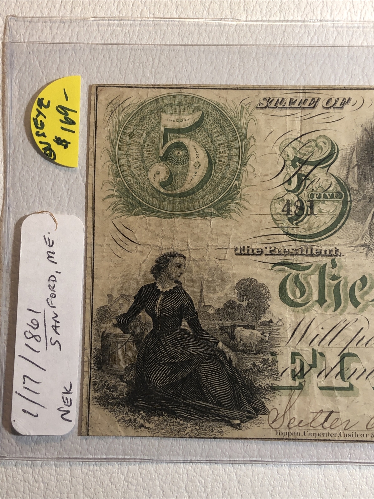 obsolete currency The Sanford Bank, Maine 1861 $5 S/n 481