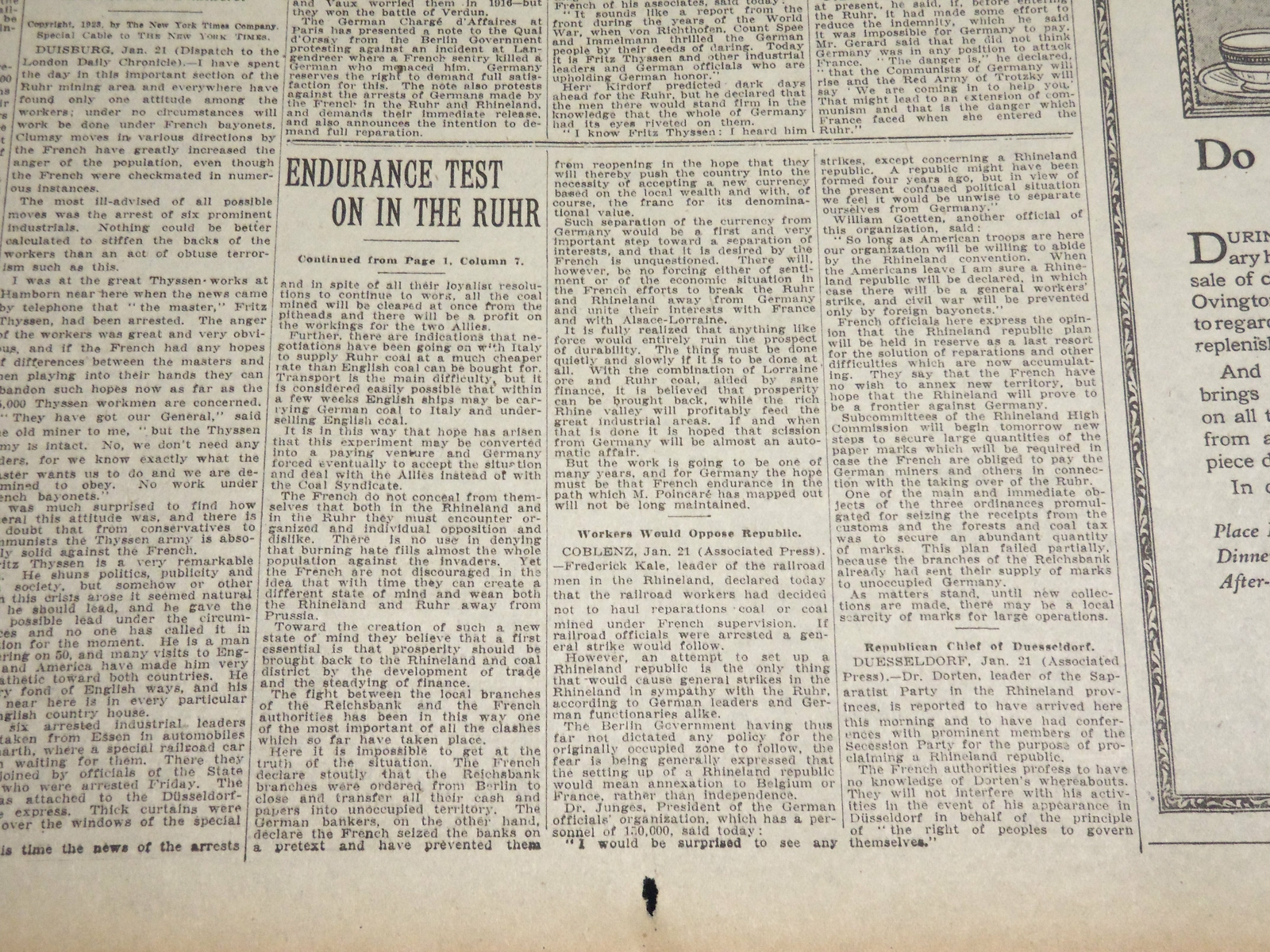 1923 JANUARY 22 NEW YORK TIMES - ALL RUHR MINERS WILL STRIKE TODAY - NT 7905